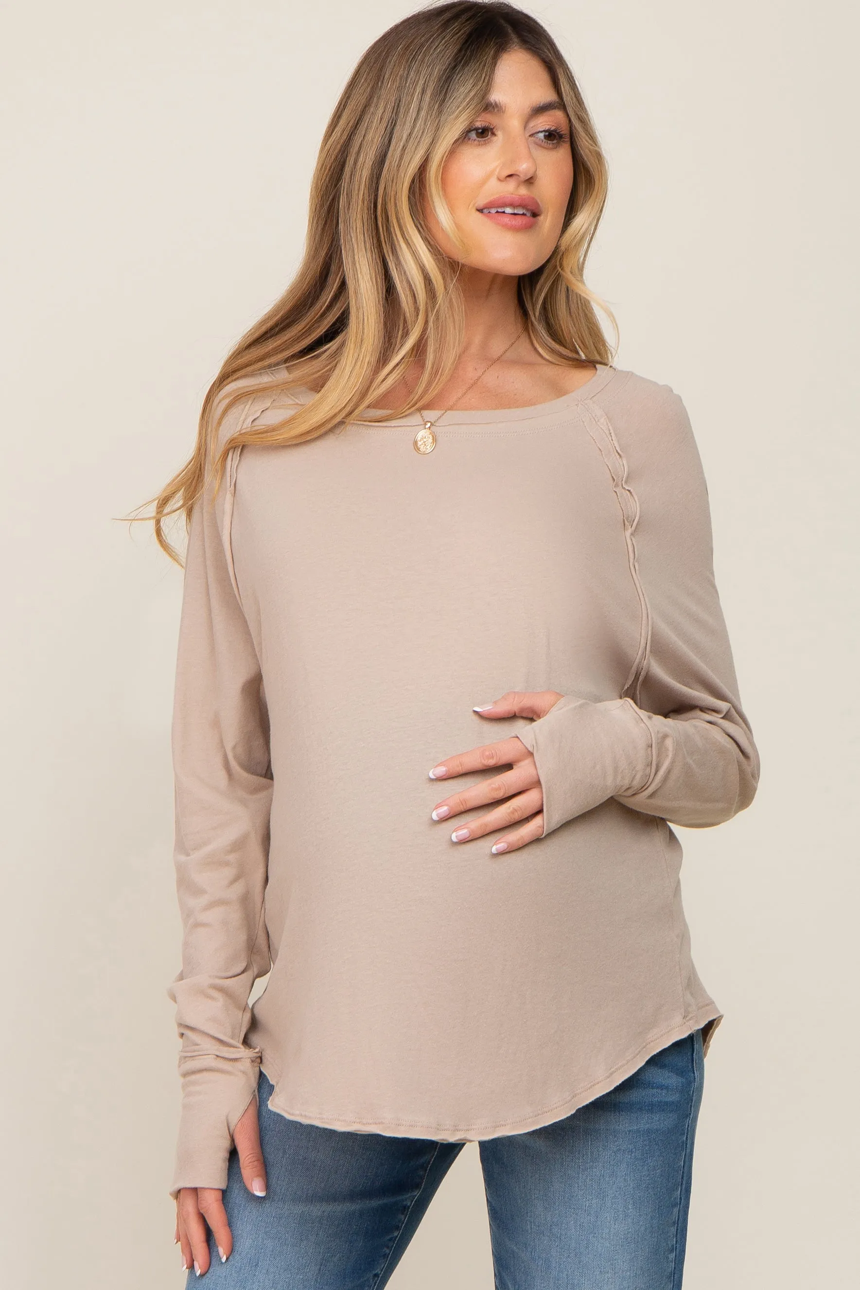 Taupe Exposed Seam Long Sleeve Maternity Top sold by Pinkblush