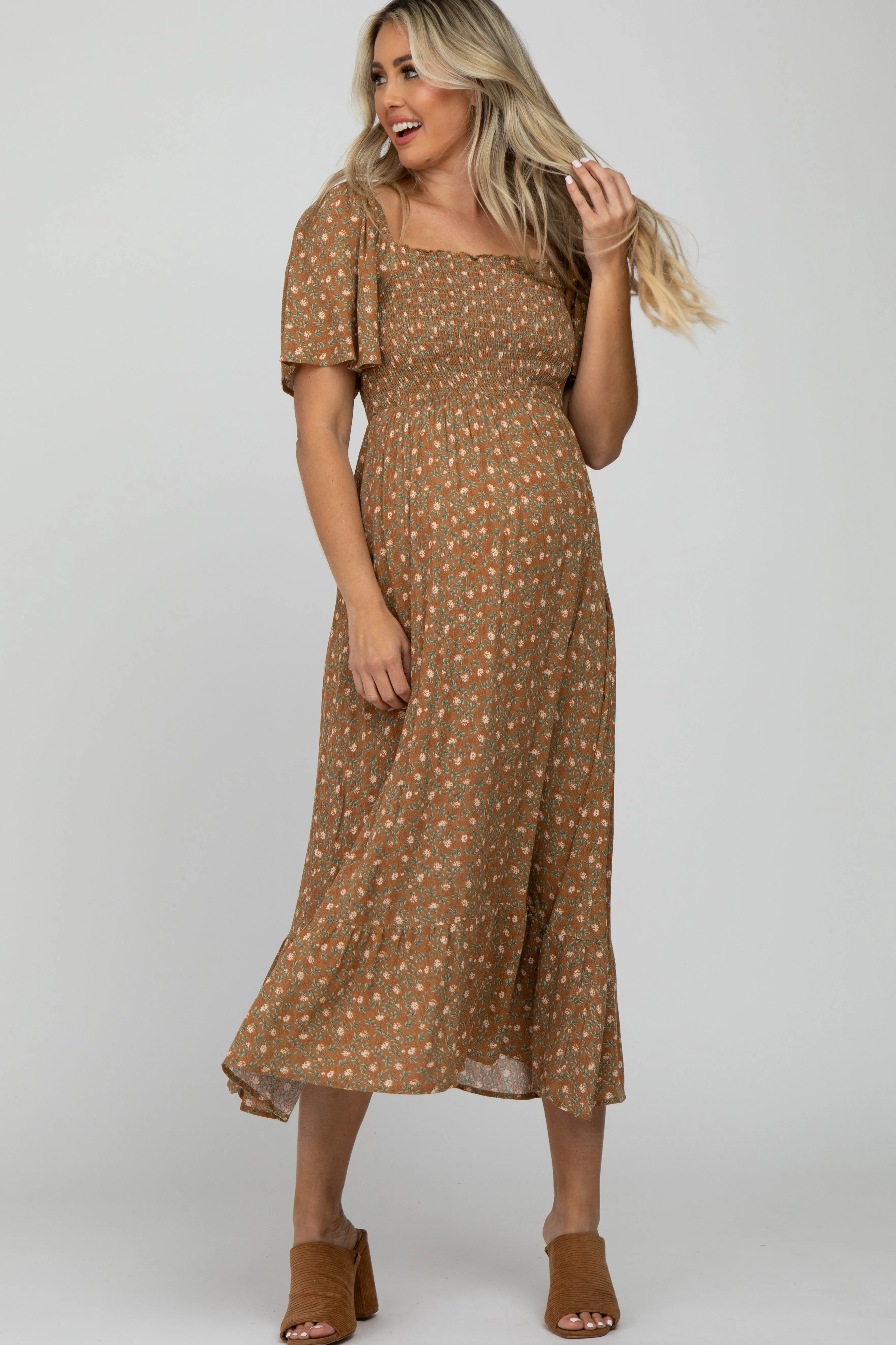 Camel Floral Smocked Square Neck Maternity Midi Dress sold by Pinkblush