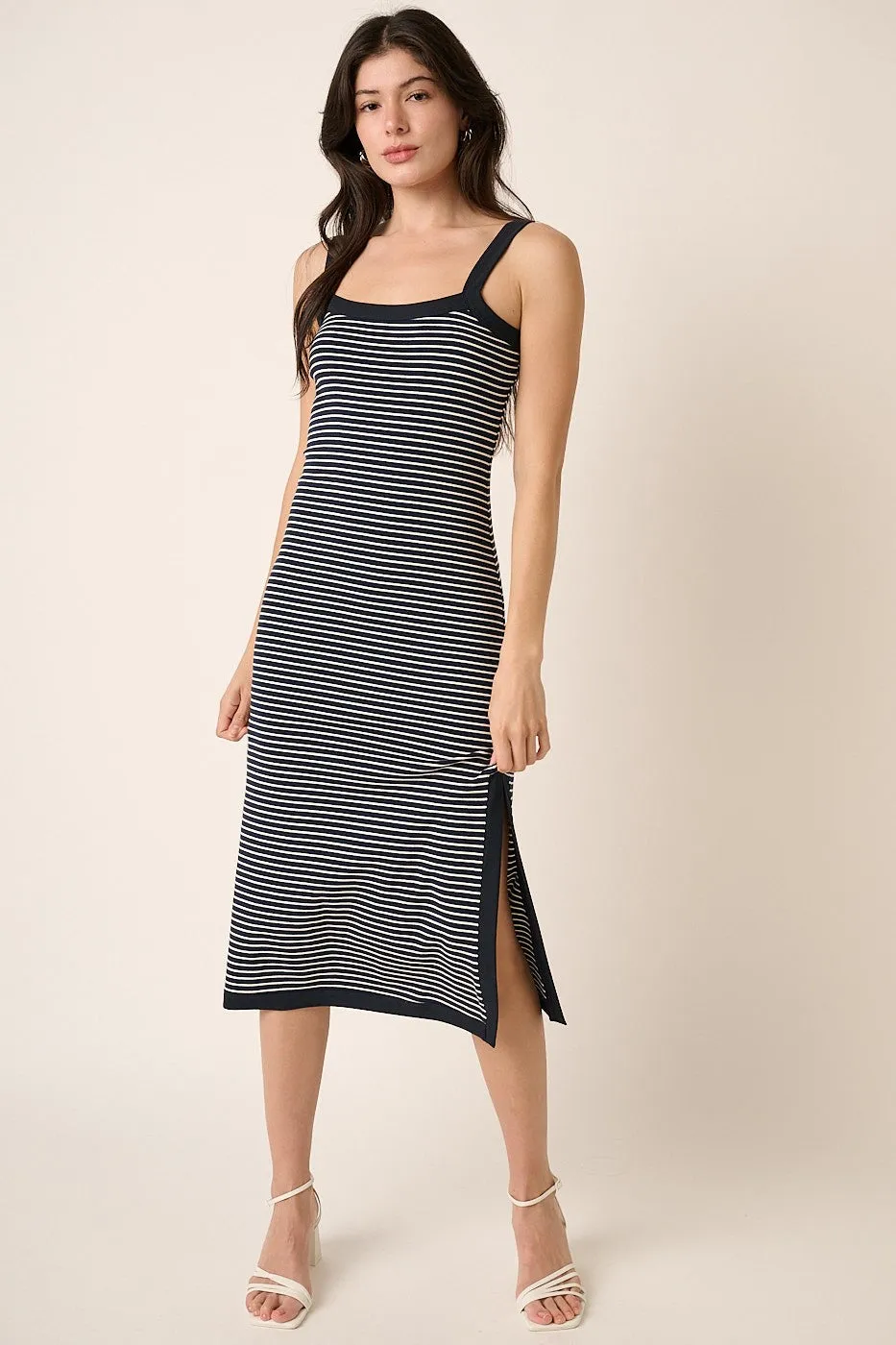 Navy Striped Sleeveless Fitted Side Slit Dress sold by Pinkblush