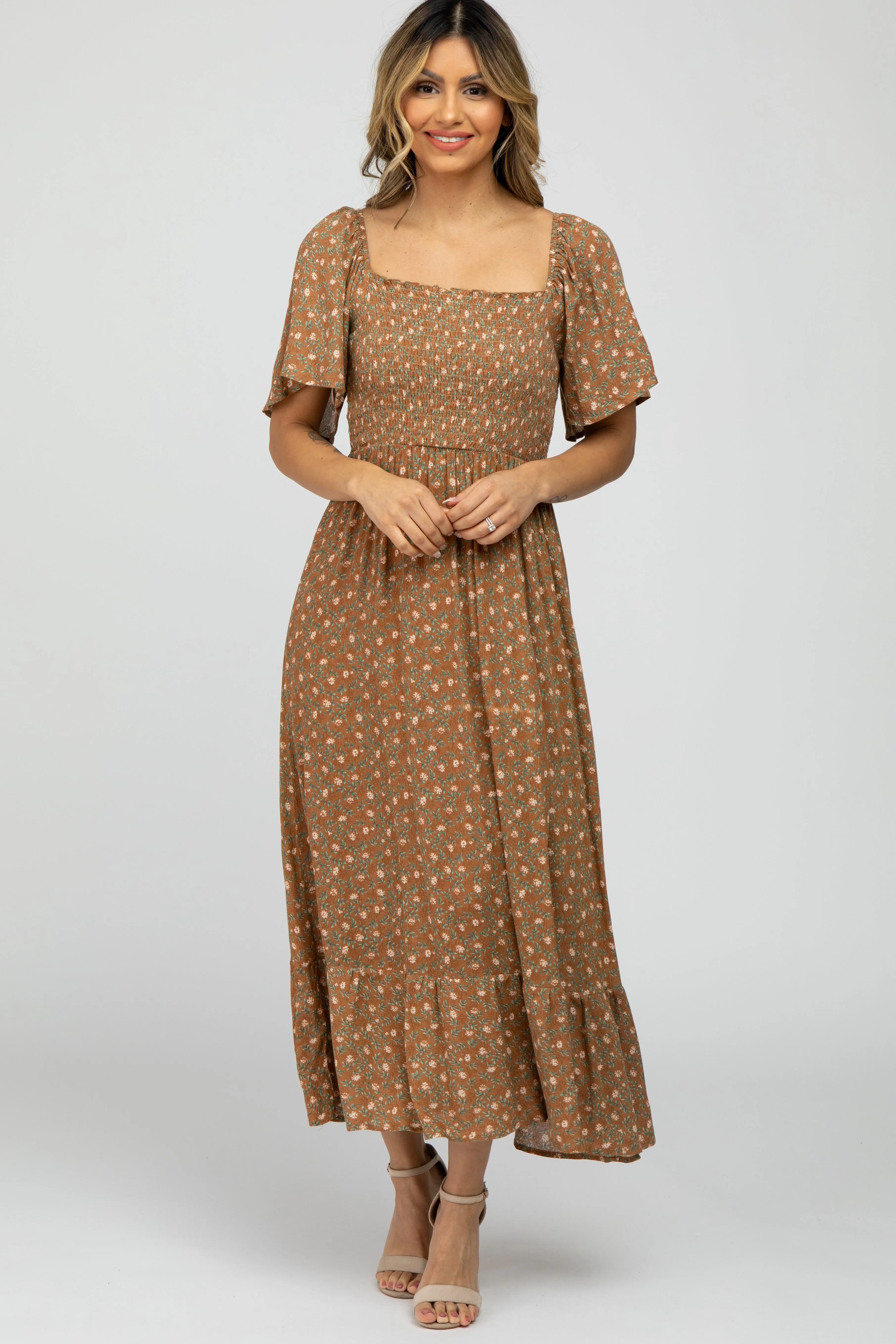 Camel Floral Smocked Square Neck Maternity Midi Dress sold by Pinkblush product image thumbnail 5