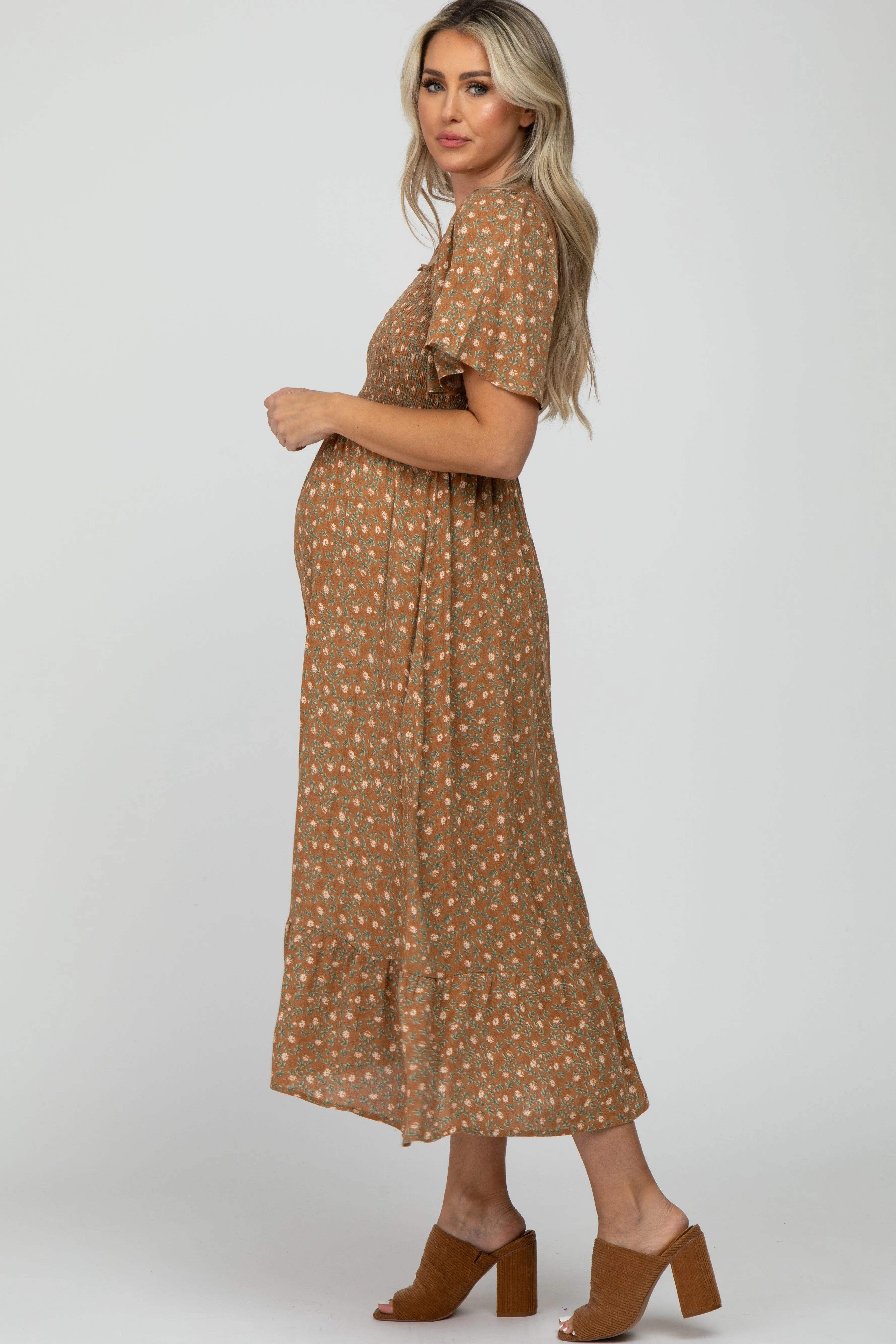 Camel Floral Smocked Square Neck Maternity Midi Dress sold by Pinkblush product image thumbnail 2