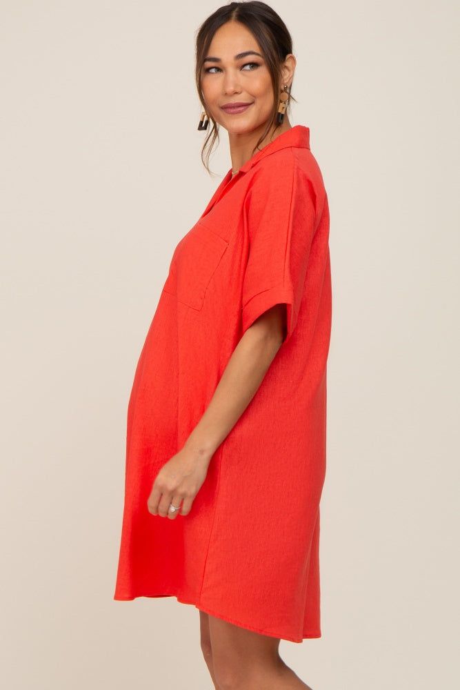 Orange Linen Collared Front Pocket Short Sleeve Maternity Dress sold by Pinkblush product image thumbnail 3