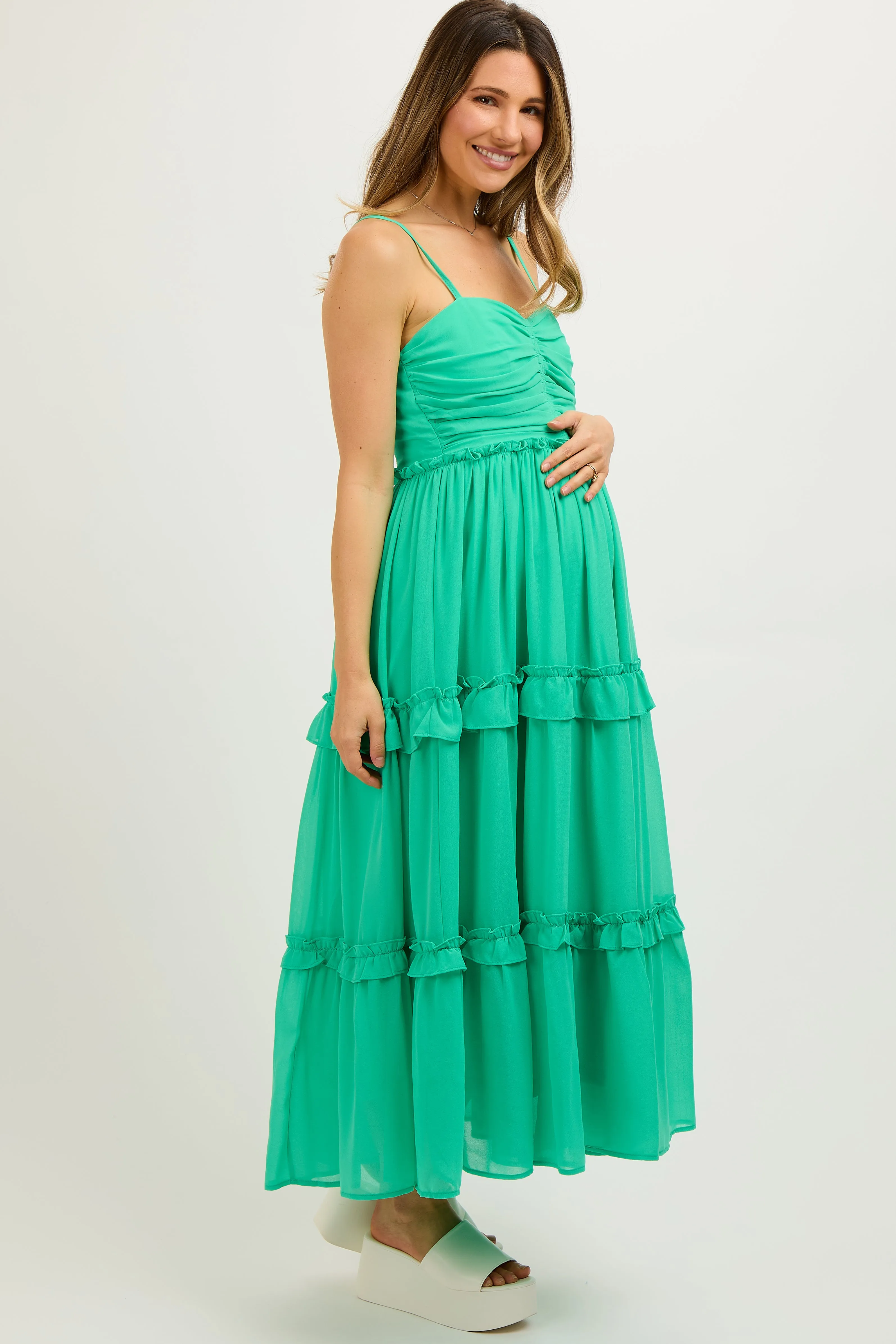 Green Sleeveless Pleated Ruffle Tiered Maternity Midi Dress sold by Pinkblush product image thumbnail 2