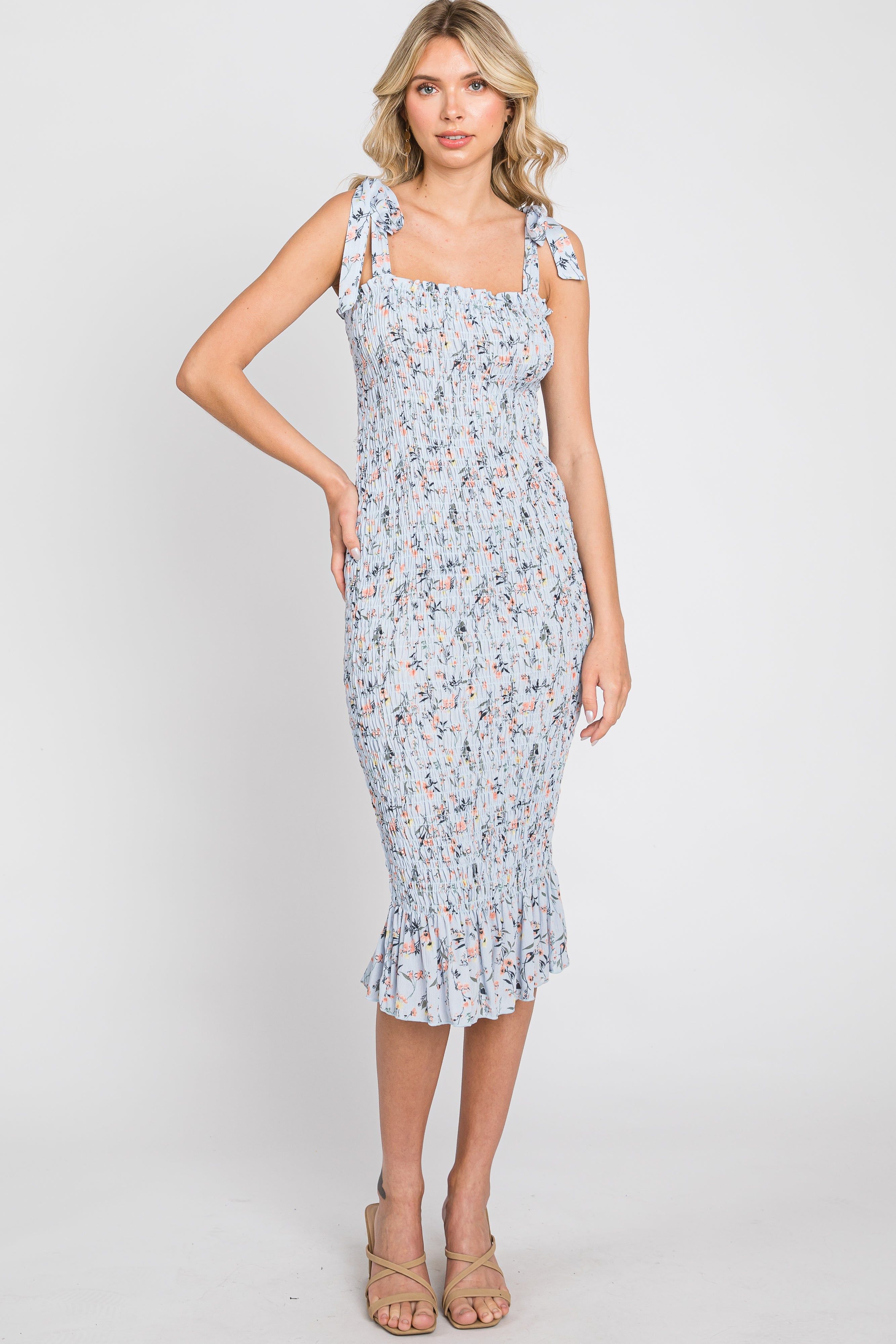 Light Blue Floral Smocked Fitted Dress sold by Pinkblush
