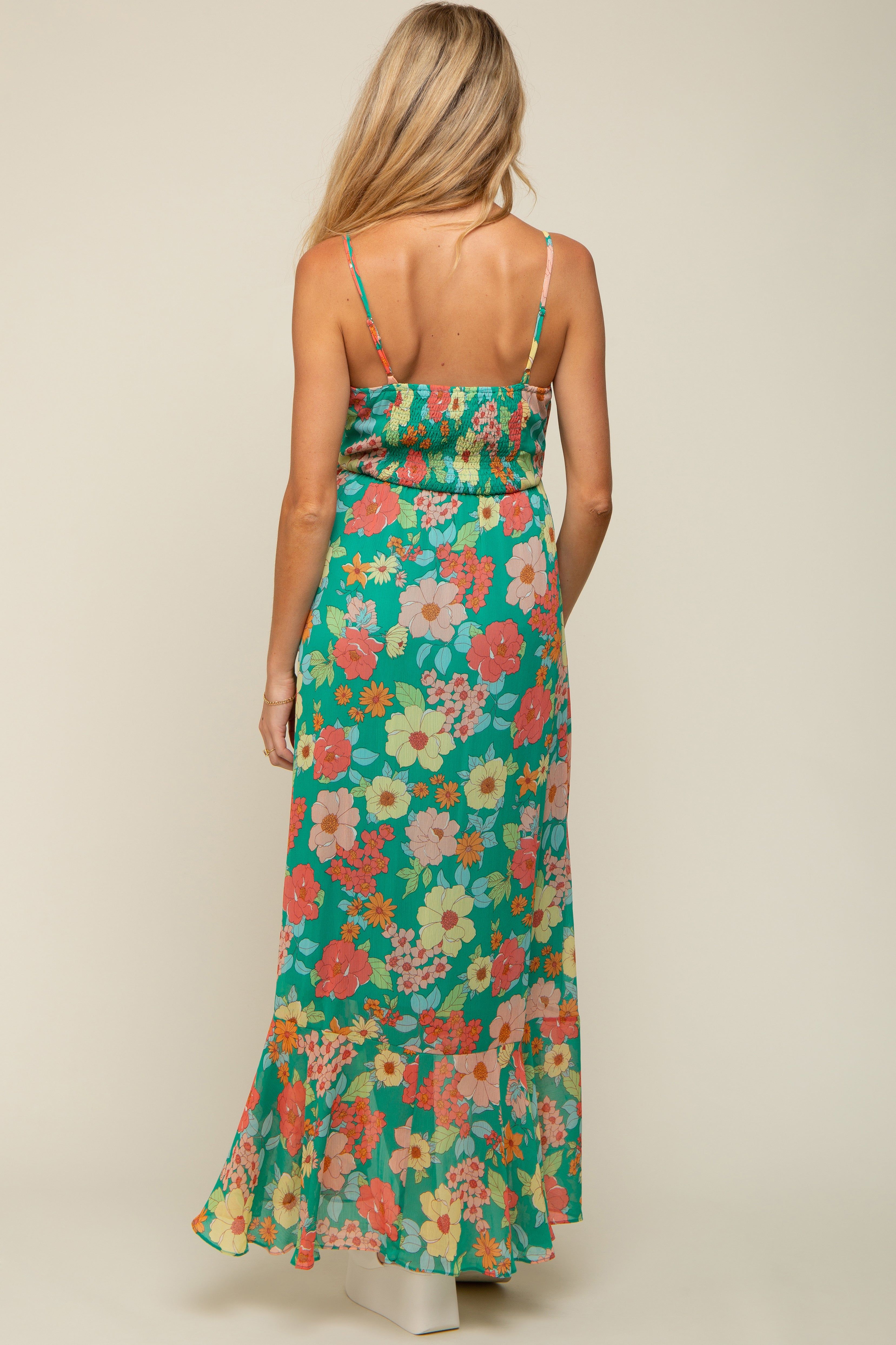 Green Floral Chiffon Ruffle Hi-Low Sleeveless Maternity Midi Dress sold by Pinkblush product image thumbnail 3