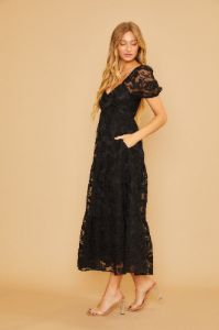 Black Floral Embroidered Puff Sleeve Midi Dress sold by Pinkblush
