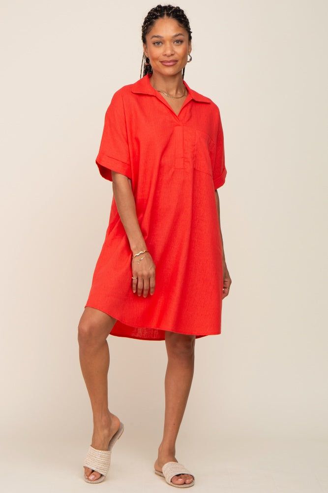 Orange Linen Collared Front Pocket Short Sleeve Maternity Dress sold by Pinkblush product image thumbnail 7