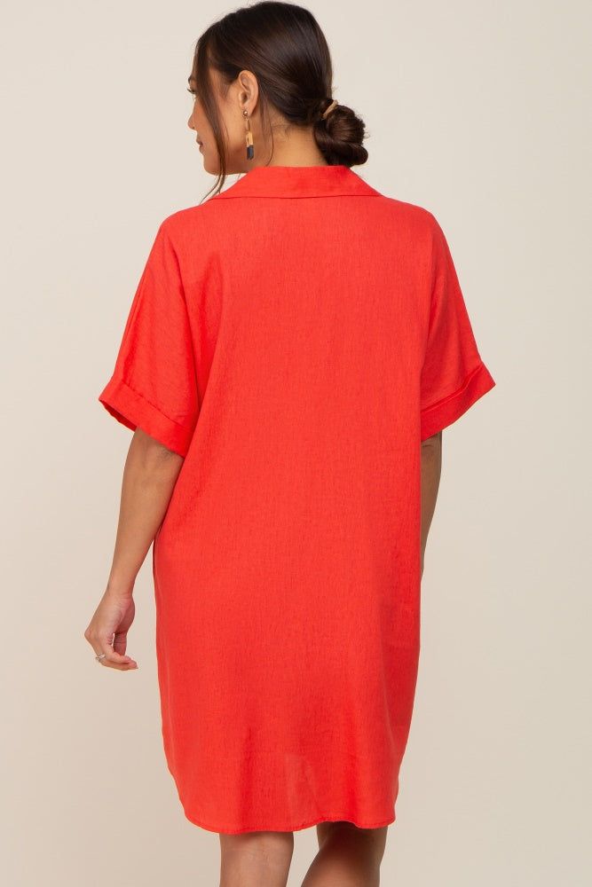 Orange Linen Collared Front Pocket Short Sleeve Maternity Dress sold by Pinkblush product image thumbnail 4