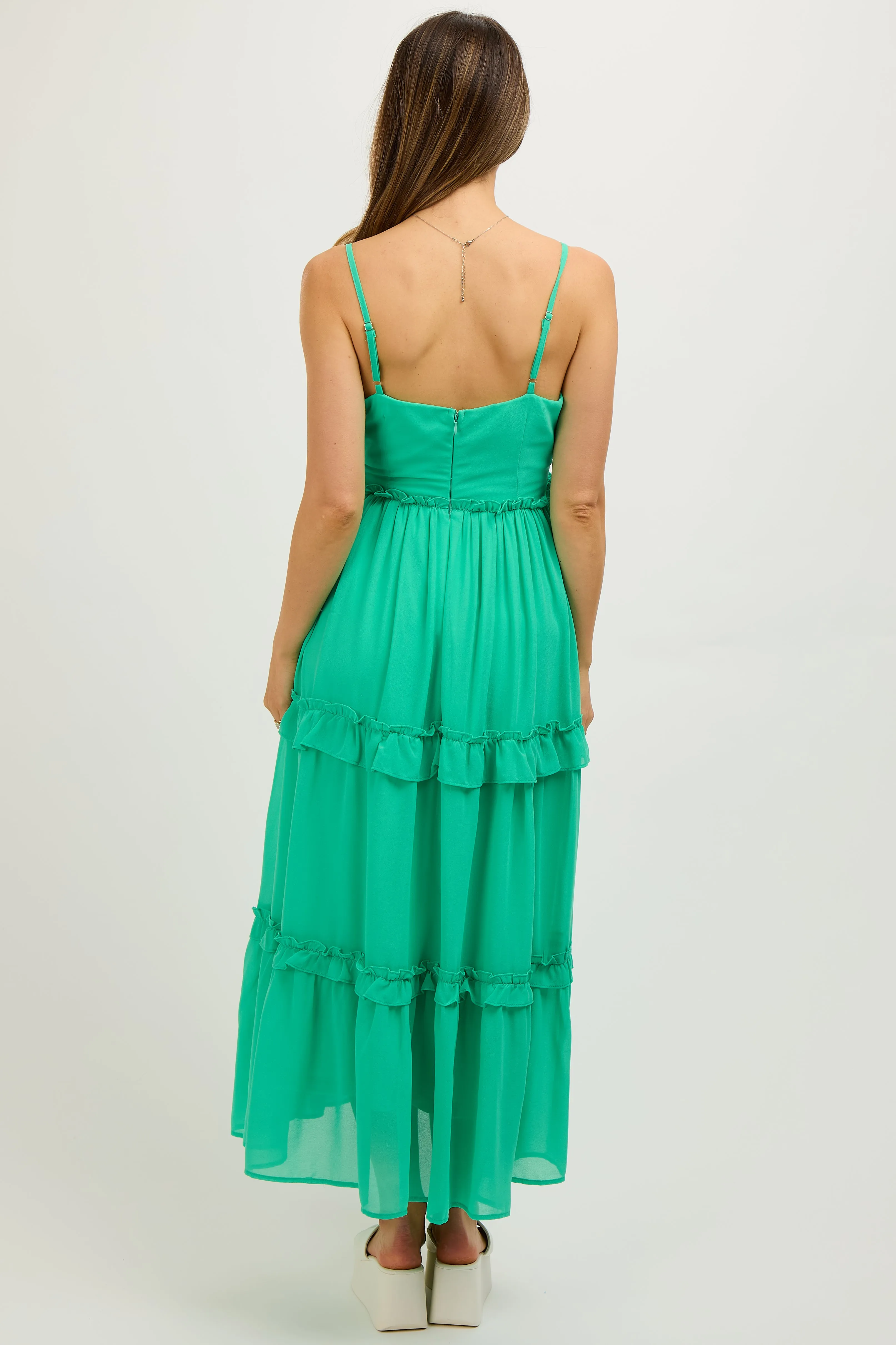 Green Sleeveless Pleated Ruffle Tiered Maternity Midi Dress sold by Pinkblush product image thumbnail 3