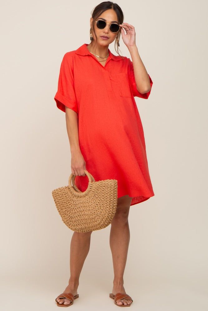 Orange Linen Collared Front Pocket Short Sleeve Maternity Dress sold by Pinkblush