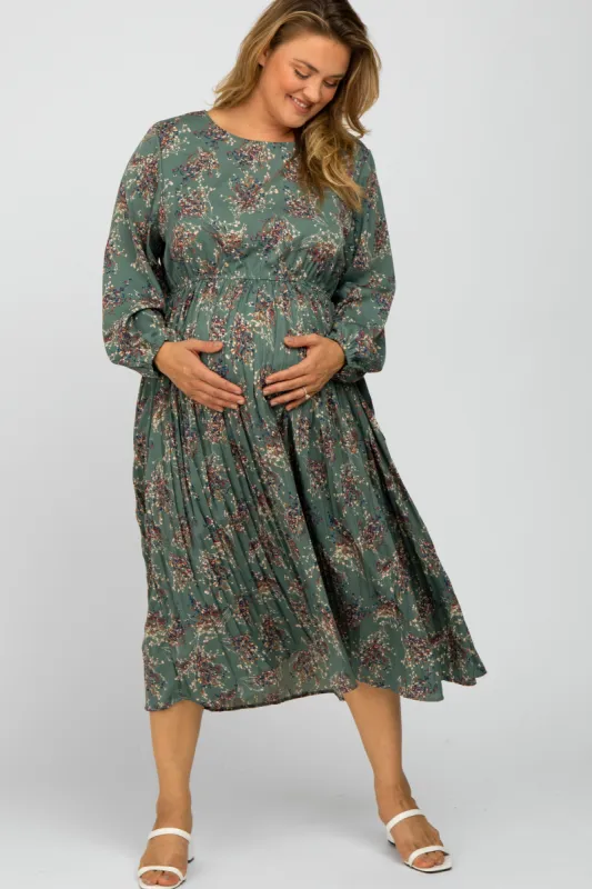 Jade Floral Pleated Plus Maternity Midi Dress sold by Pinkblush