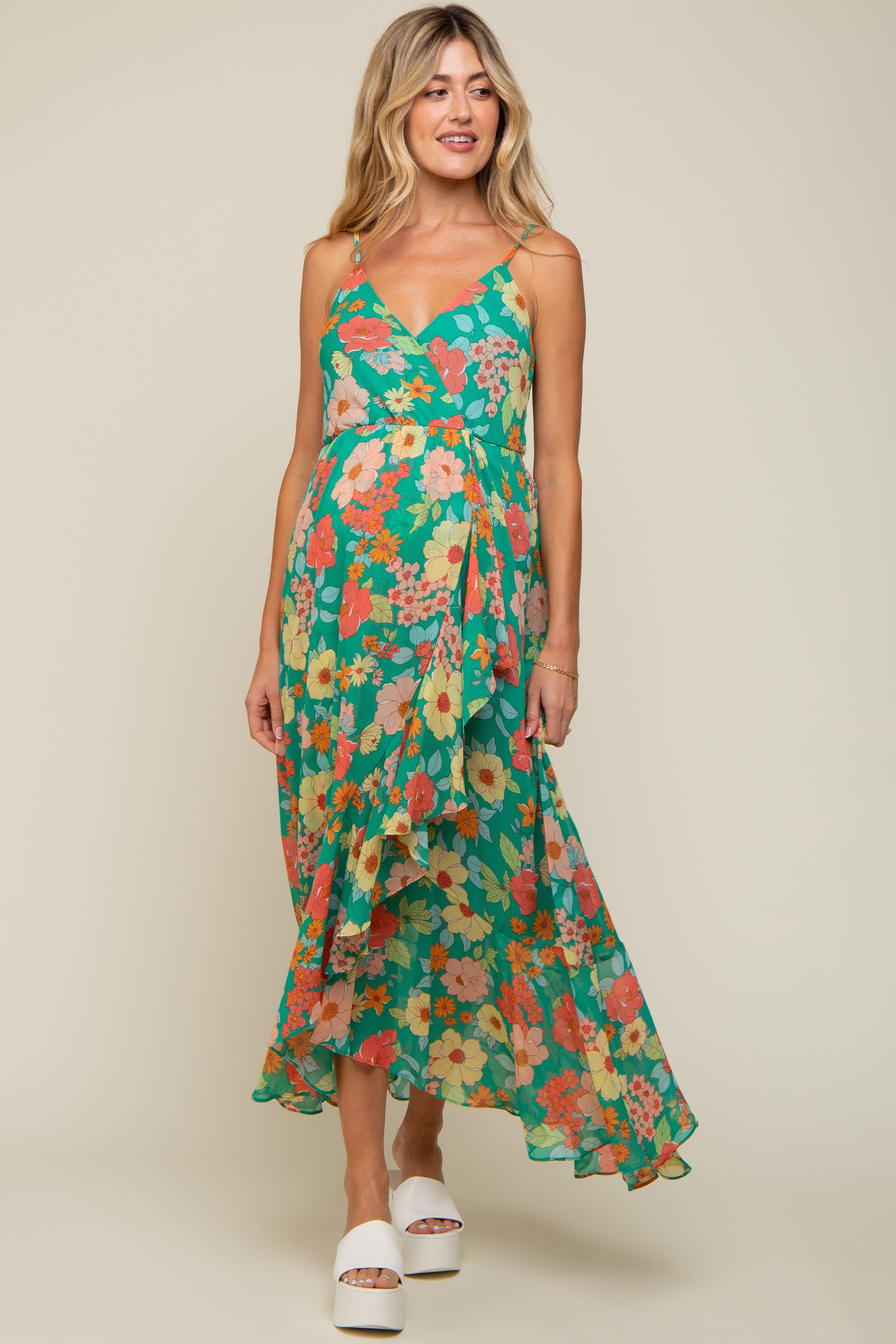 Green Floral Chiffon Ruffle Hi-Low Sleeveless Maternity Midi Dress sold by Pinkblush product image thumbnail 4