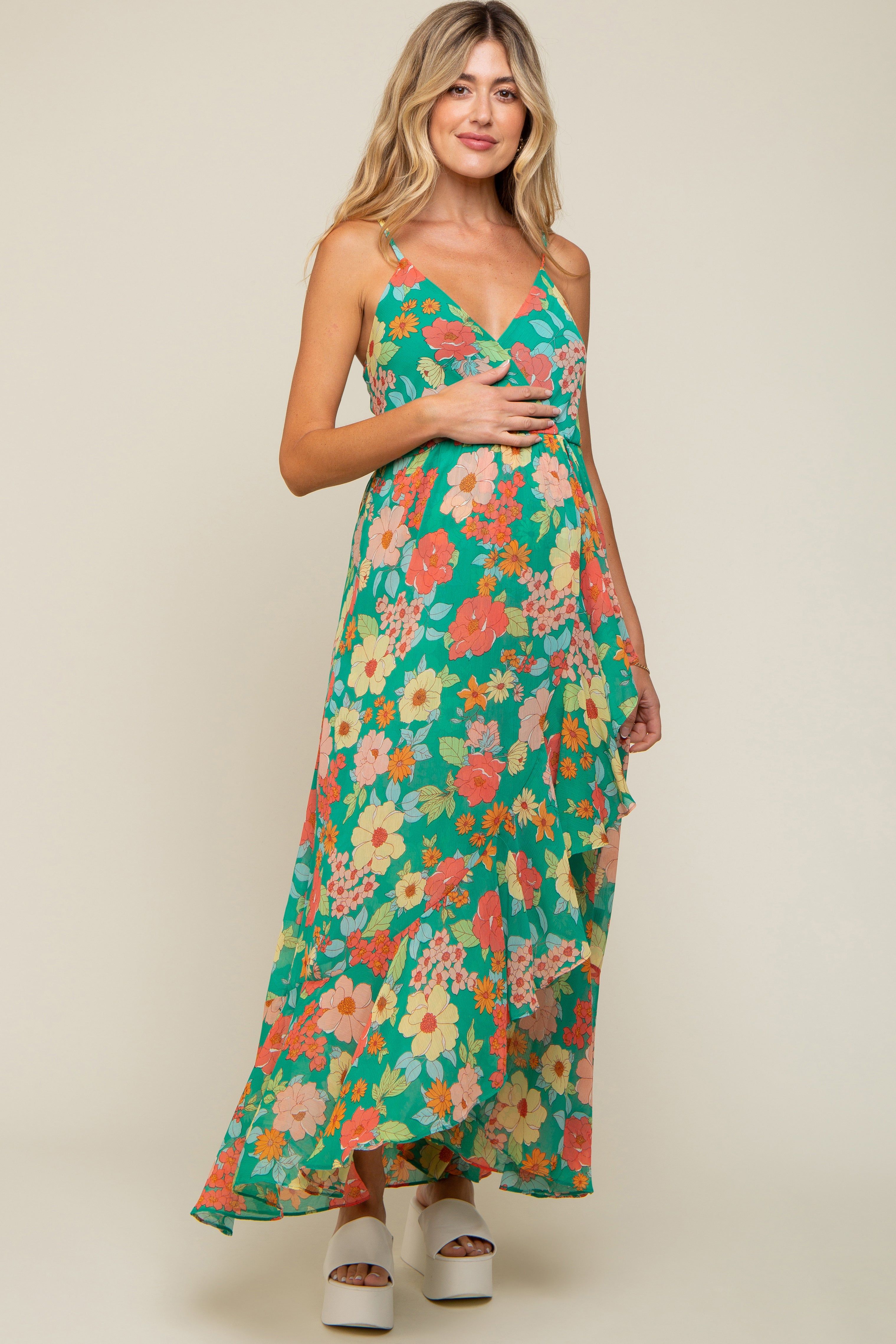 Green Floral Chiffon Ruffle Hi-Low Sleeveless Maternity Midi Dress sold by Pinkblush