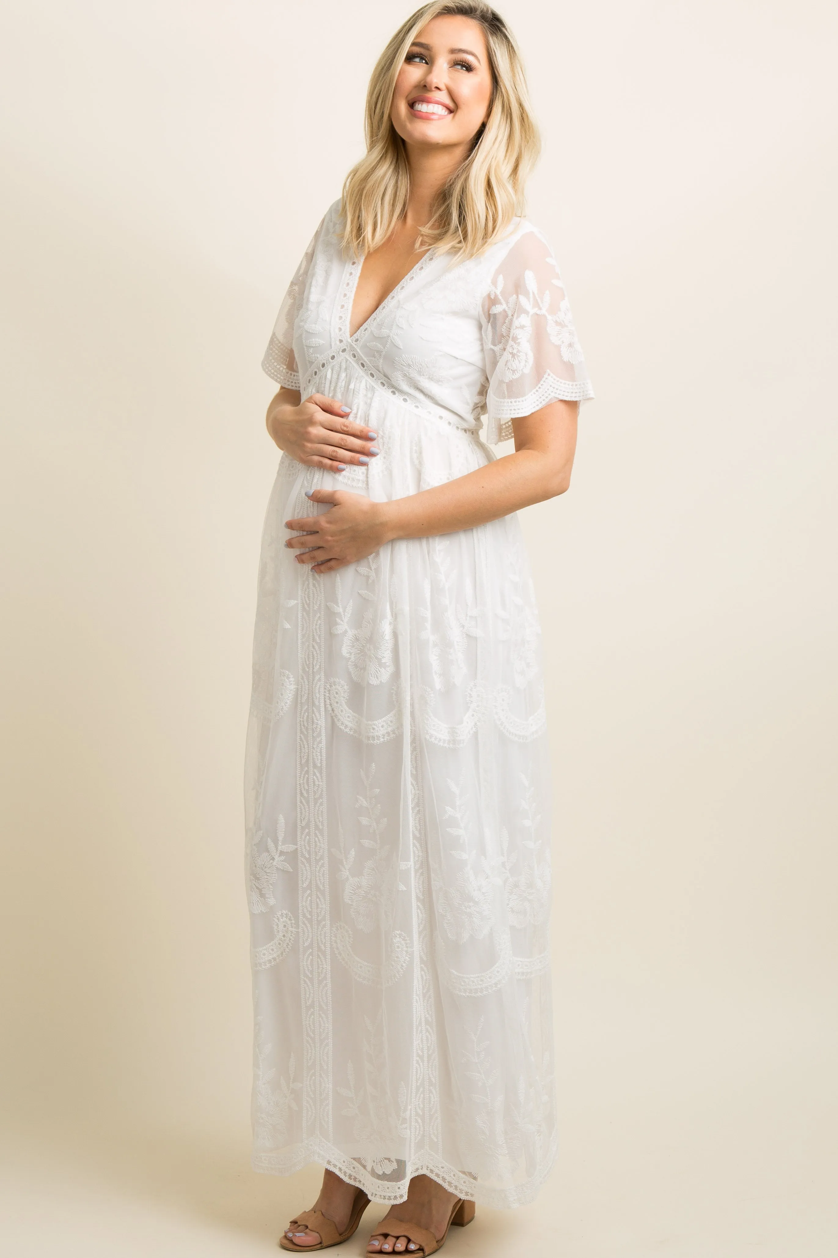 PinkBlush White Lace Mesh Overlay Maternity Maxi Dress sold by Pinkblush product image thumbnail 2