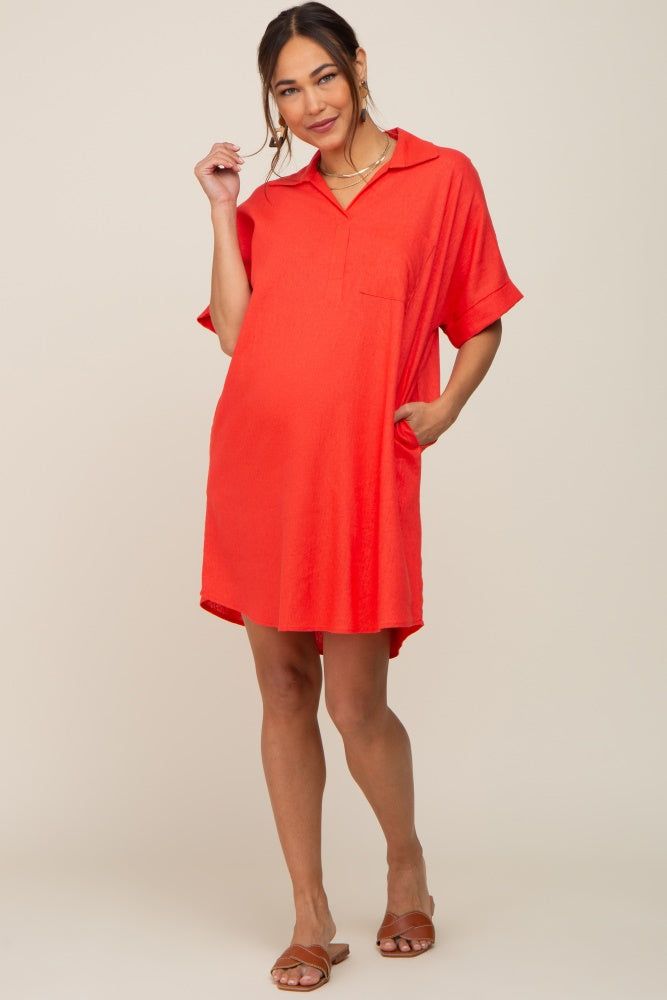 Orange Linen Collared Front Pocket Short Sleeve Maternity Dress sold by Pinkblush product image thumbnail 5