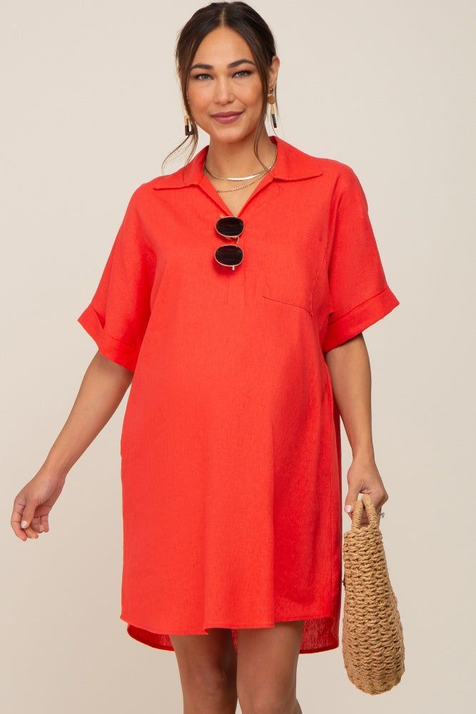 Orange Linen Collared Front Pocket Short Sleeve Maternity Dress sold by Pinkblush product image thumbnail 2