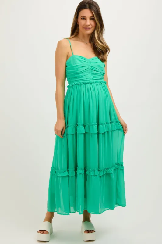 Green Sleeveless Pleated Ruffle Tiered Maternity Midi Dress sold by Pinkblush