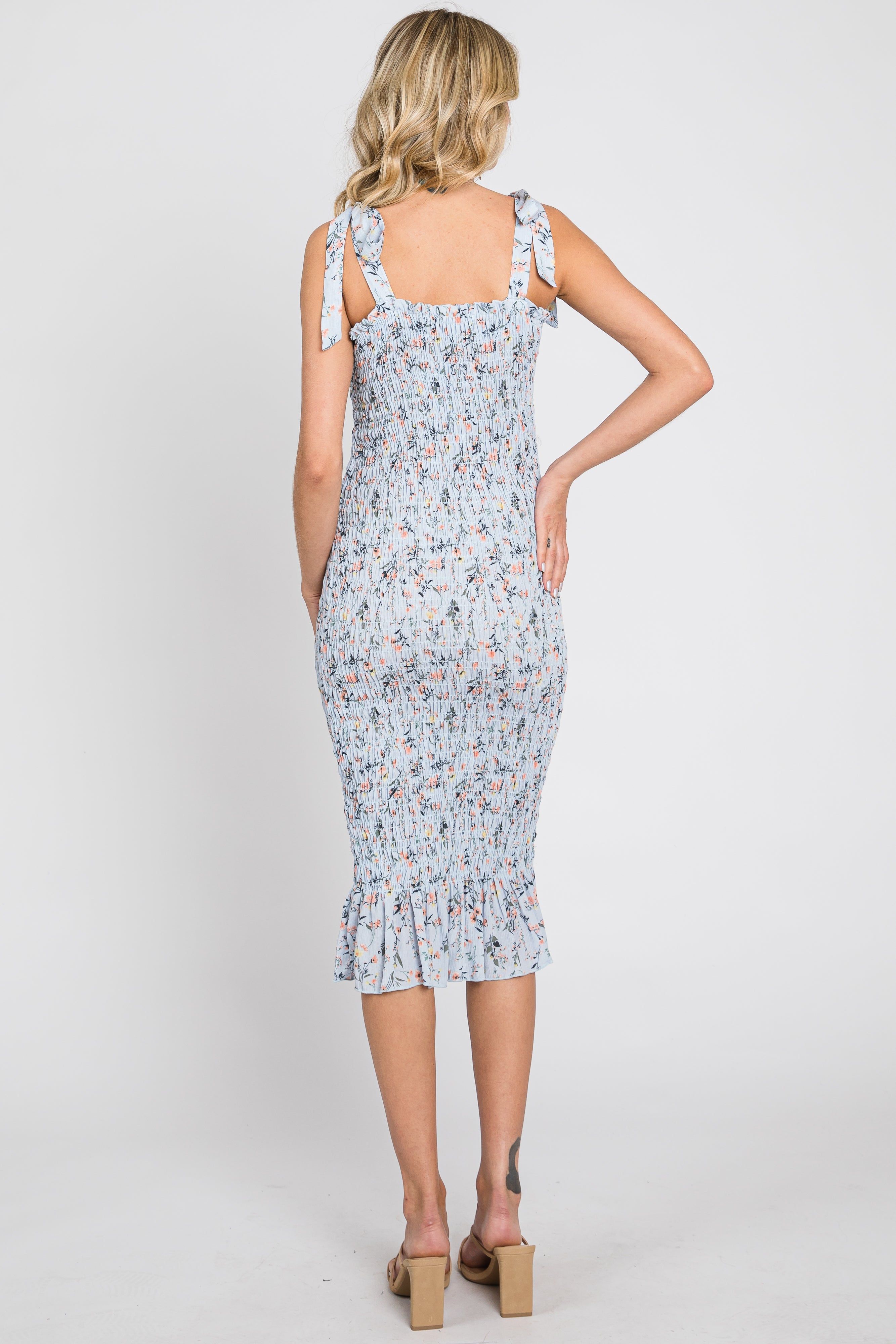 Light Blue Floral Smocked Fitted Dress sold by Pinkblush product image thumbnail 3