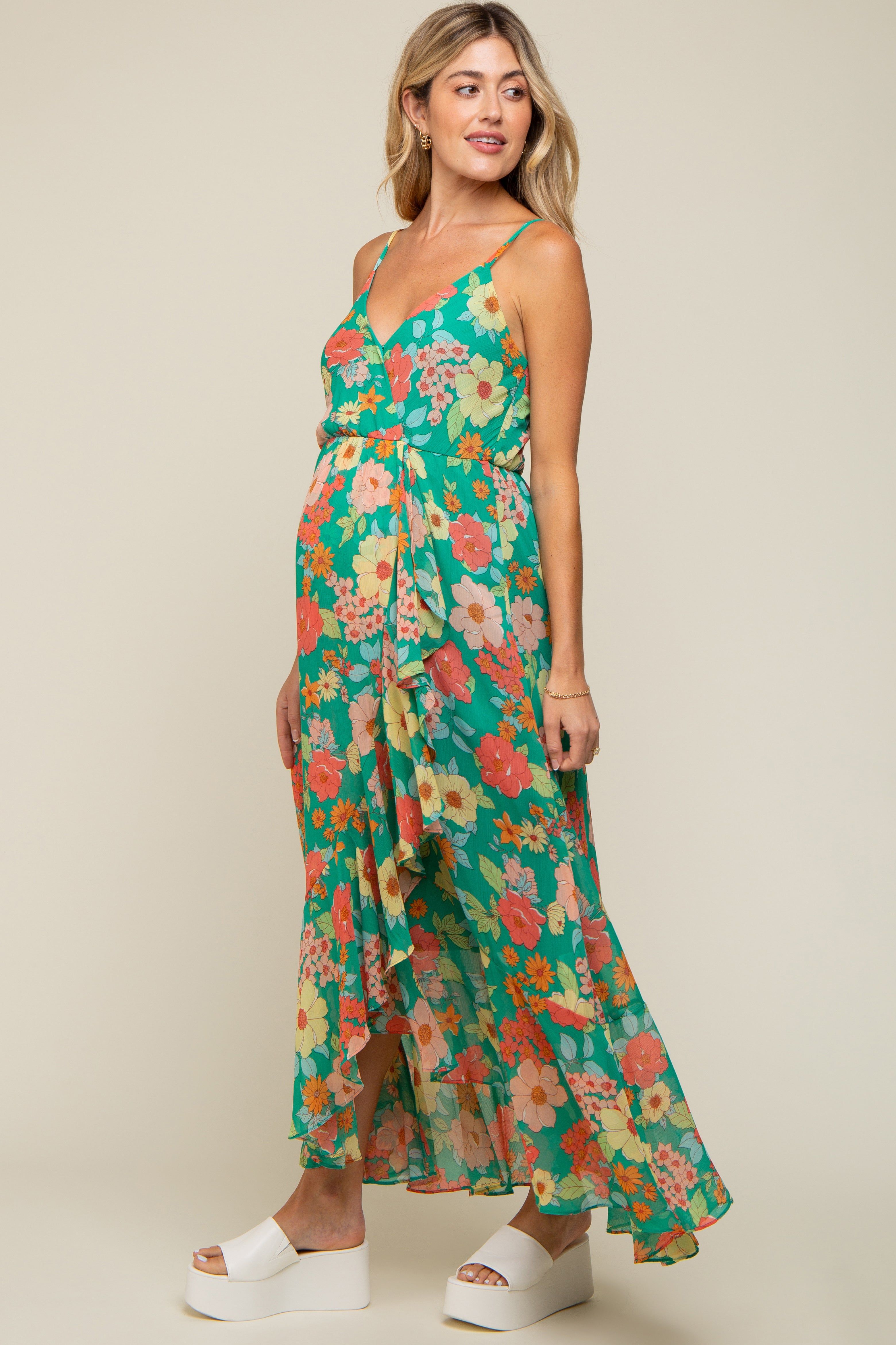Green Floral Chiffon Ruffle Hi-Low Sleeveless Maternity Midi Dress sold by Pinkblush product image thumbnail 2