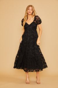 Black Floral Embroidered Puff Sleeve Midi Dress sold by Pinkblush