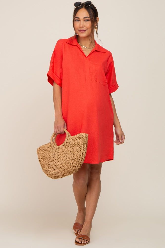 Orange Linen Collared Front Pocket Short Sleeve Maternity Dress sold by Pinkblush product image thumbnail 6