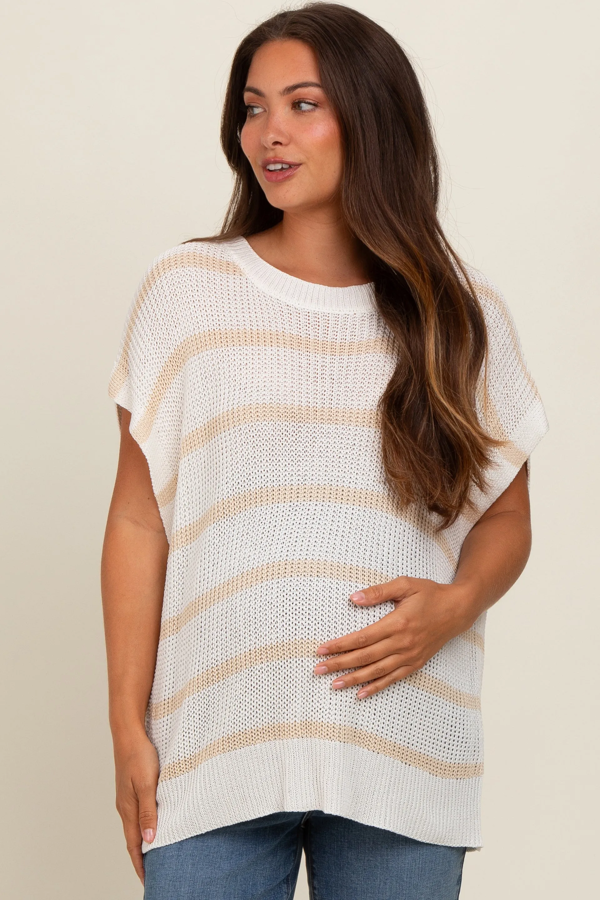 Taupe Striped Drop Shoulder Maternity Sweater Top sold by Pinkblush product image thumbnail 2