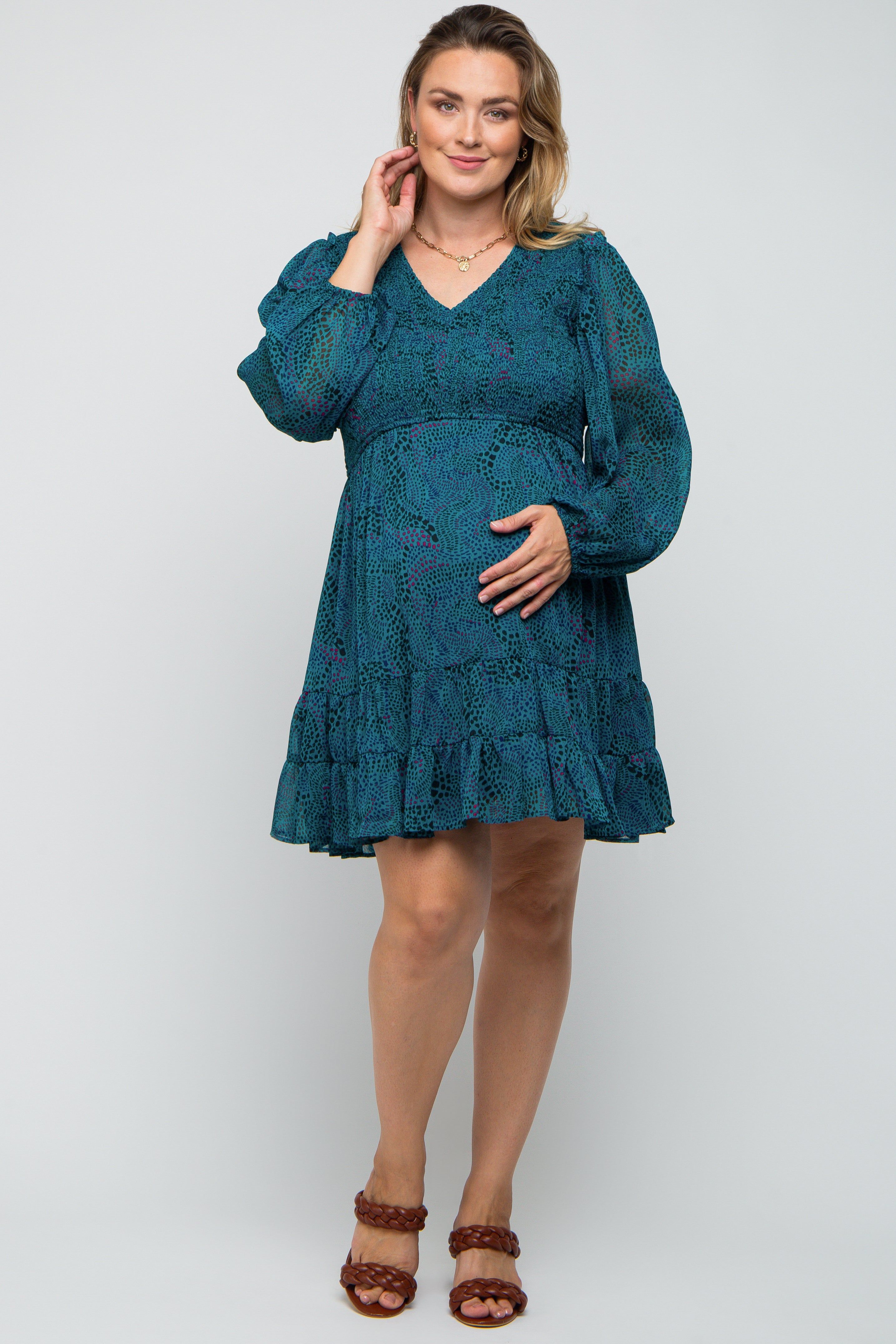 Teal Printed Smocked Long Sleeve Maternity Plus Dress sold by Pinkblush product image thumbnail 4
