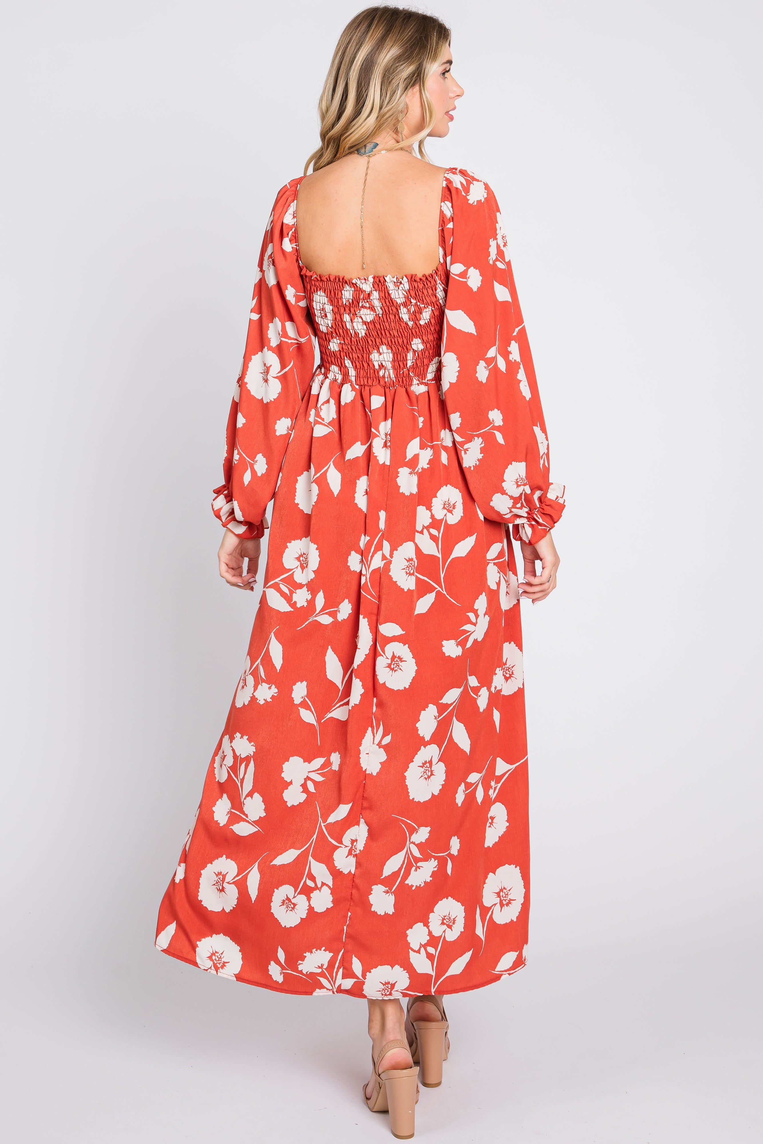 Rust Floral Square Neck Smocked Long Sleeve Maxi Dress sold by Pinkblush product image thumbnail 3