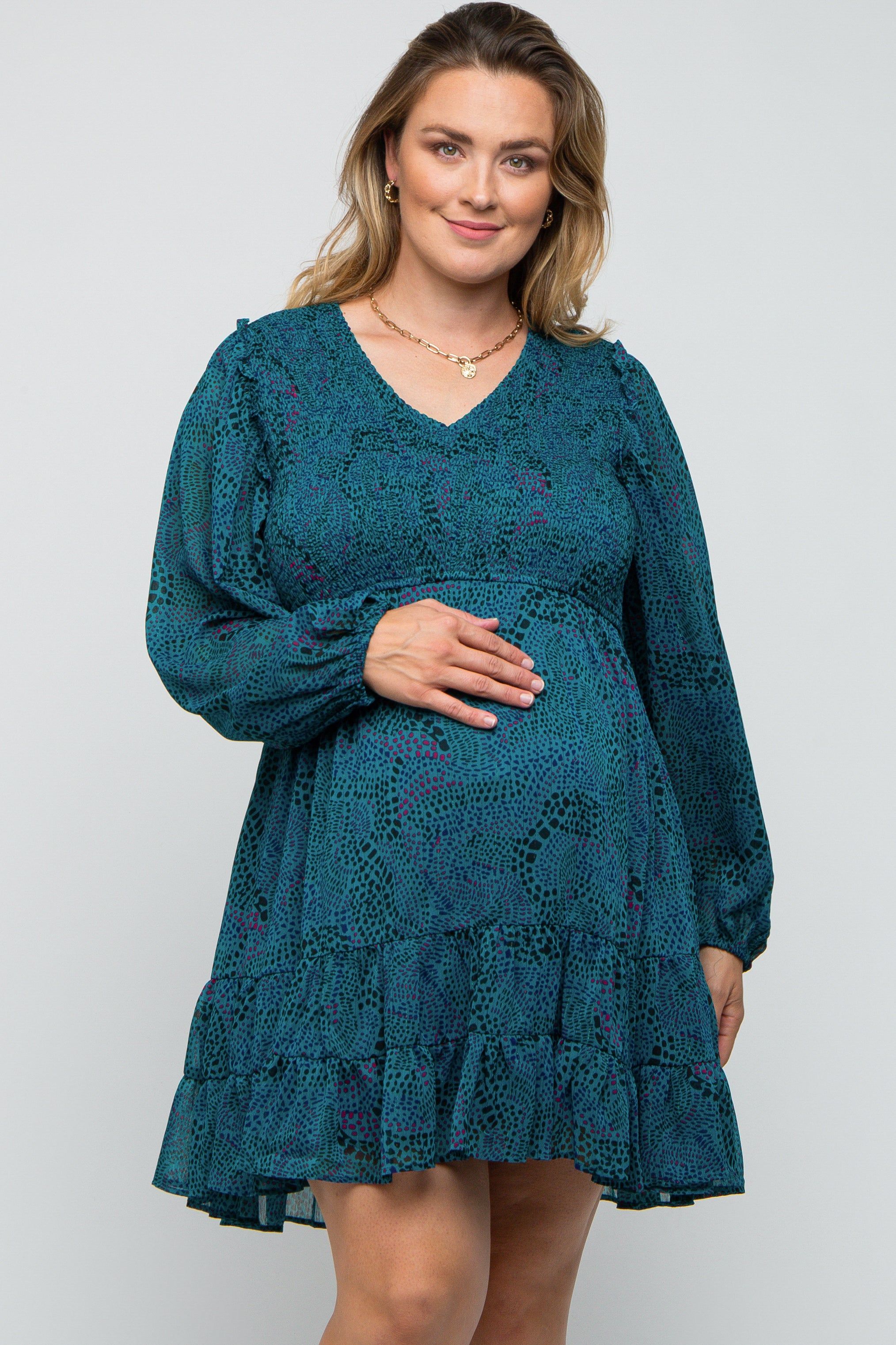 Teal Printed Smocked Long Sleeve Maternity Plus Dress sold by Pinkblush