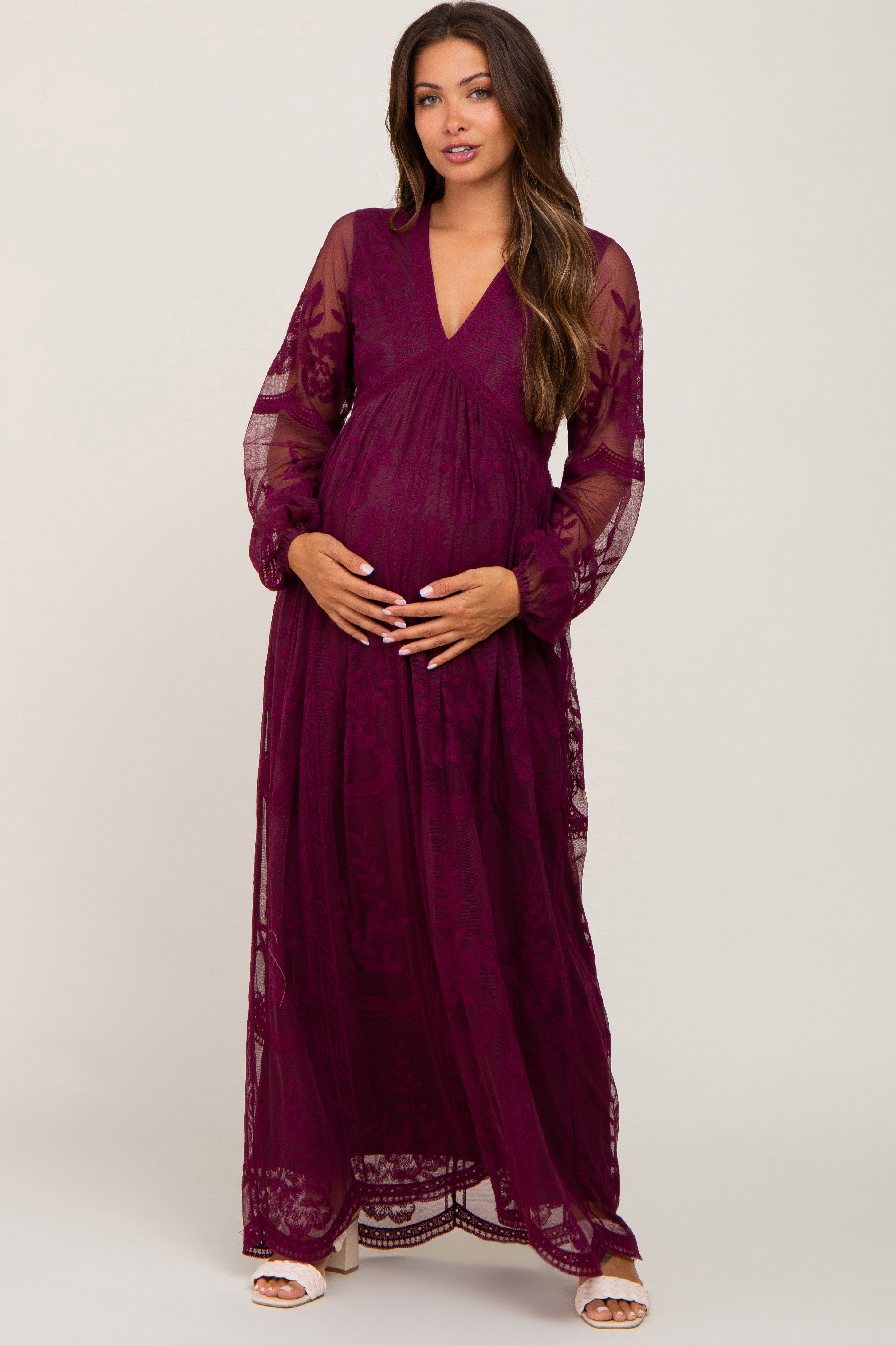 PinkBlush Burgundy Lace Mesh Long Sleeve Maternity Maxi Dress sold by Pinkblush