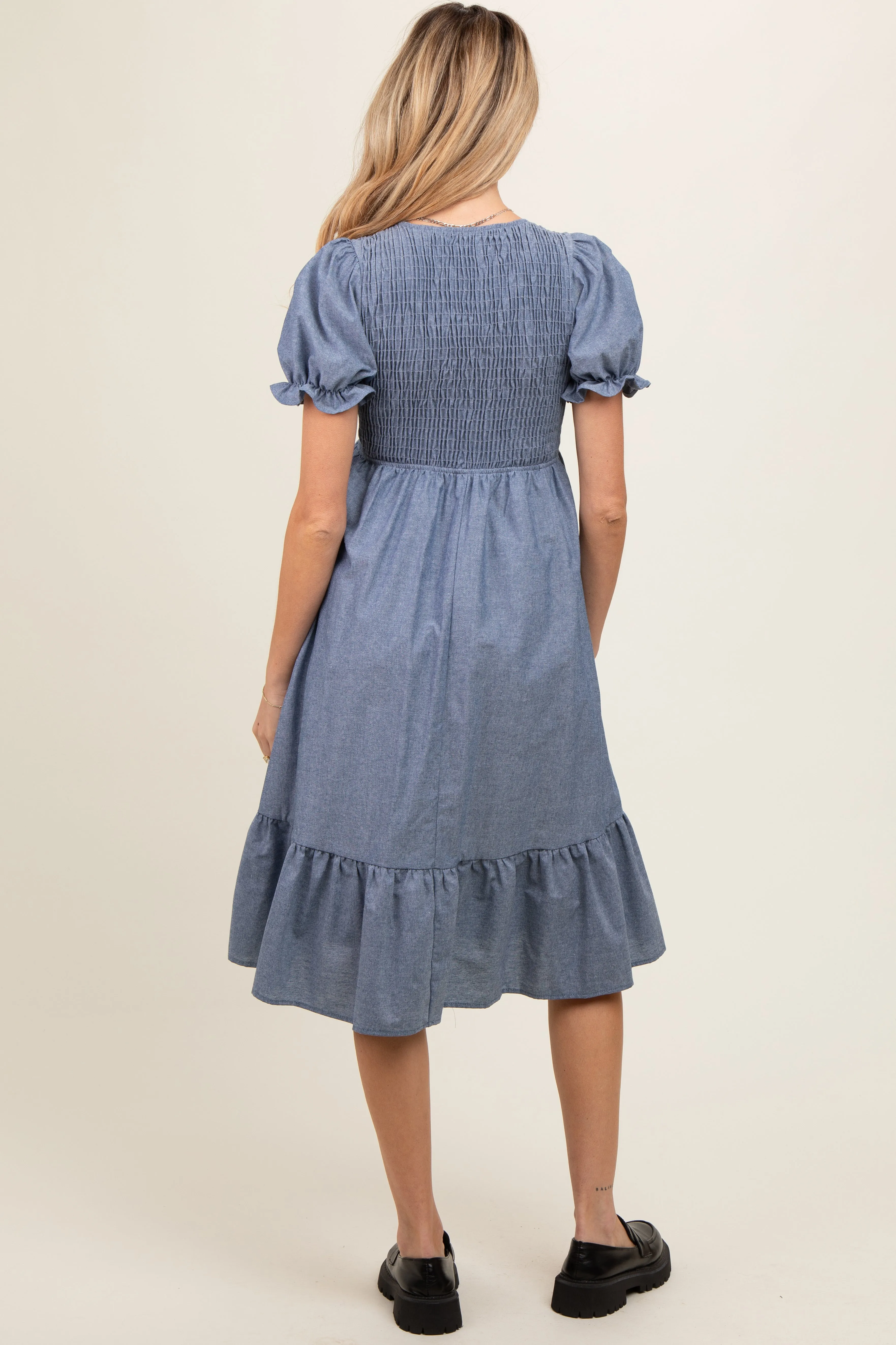 Blue Chambray Smocked Puff Sleeve Maternity Dress sold by Pinkblush product image thumbnail 3