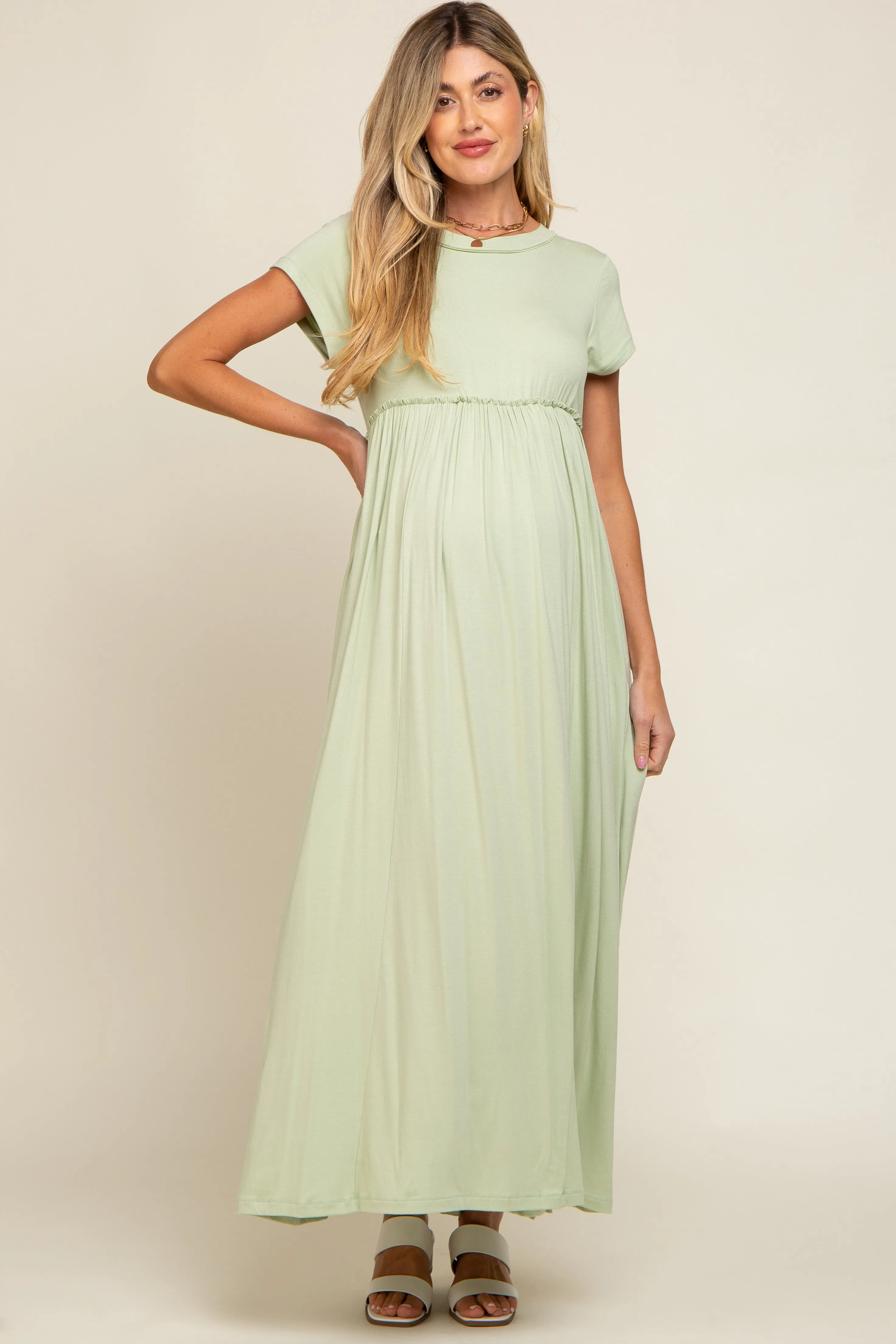 Light Olive Short Sleeve Pocketed Maternity Maxi Dress sold by Pinkblush product image thumbnail 4