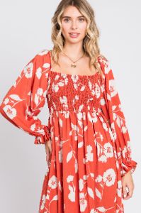 Rust Floral Square Neck Smocked Long Sleeve Maxi Dress sold by Pinkblush