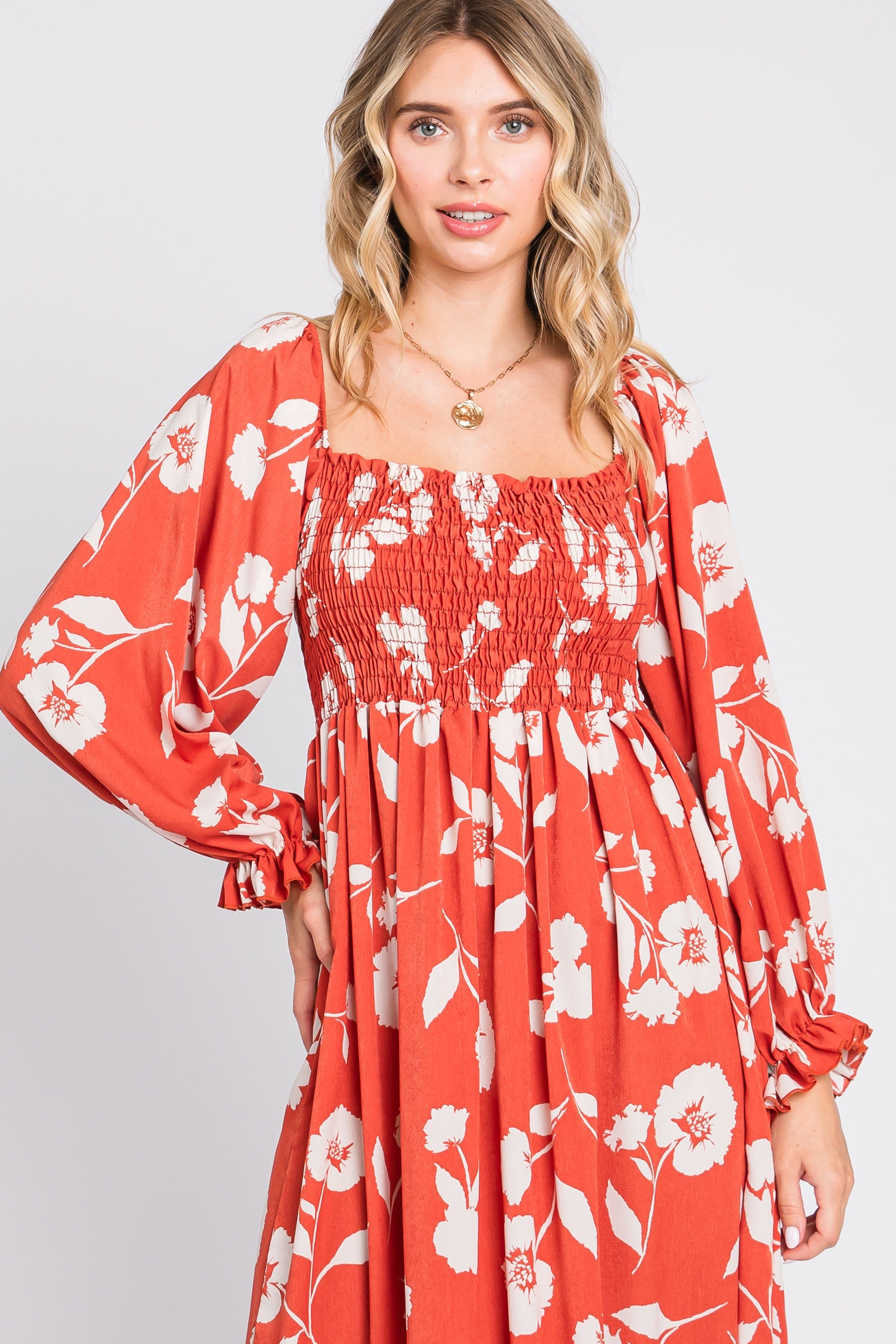 Rust Floral Square Neck Smocked Long Sleeve Maxi Dress sold by Pinkblush product image thumbnail 4
