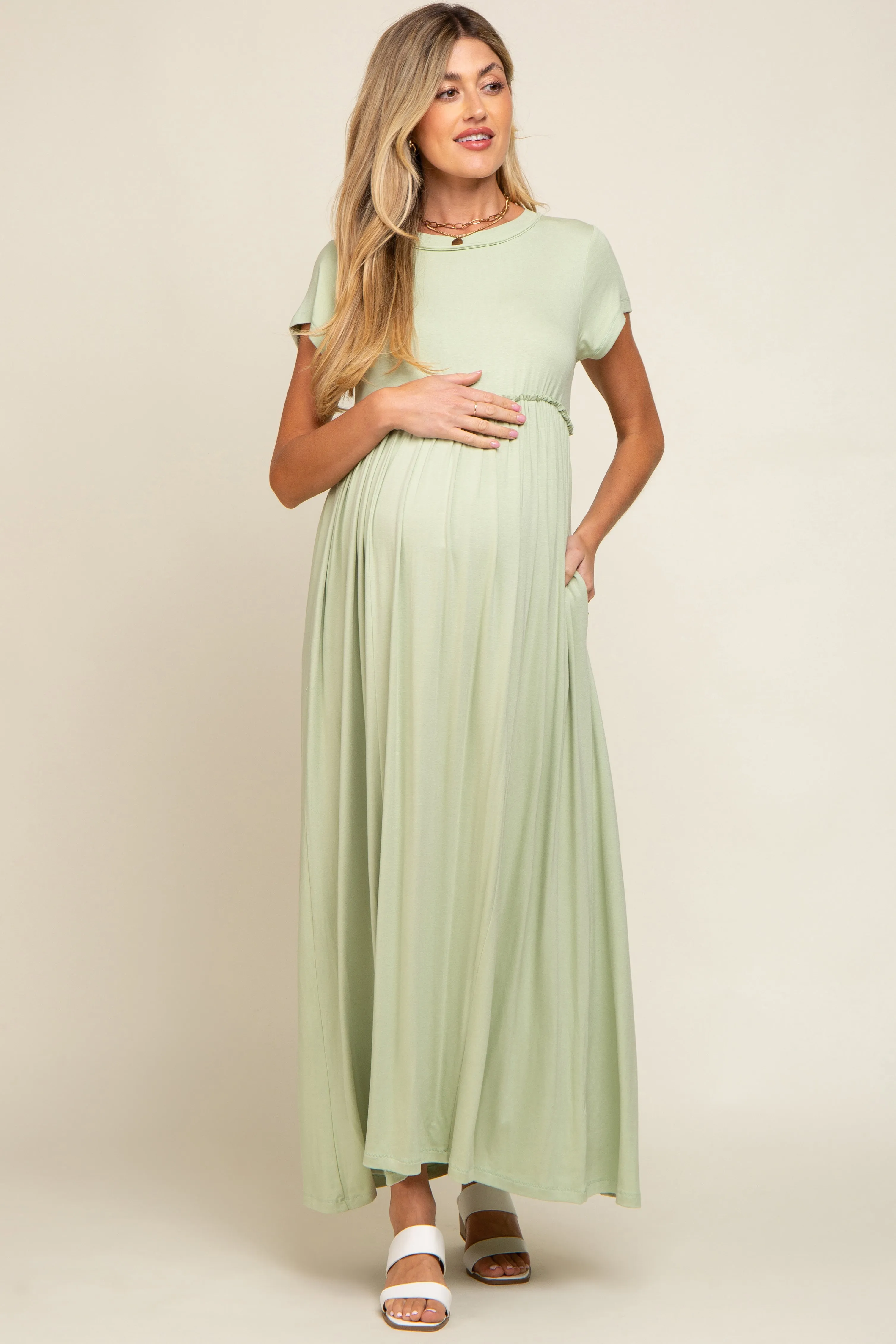 Light Olive Short Sleeve Pocketed Maternity Maxi Dress sold by Pinkblush