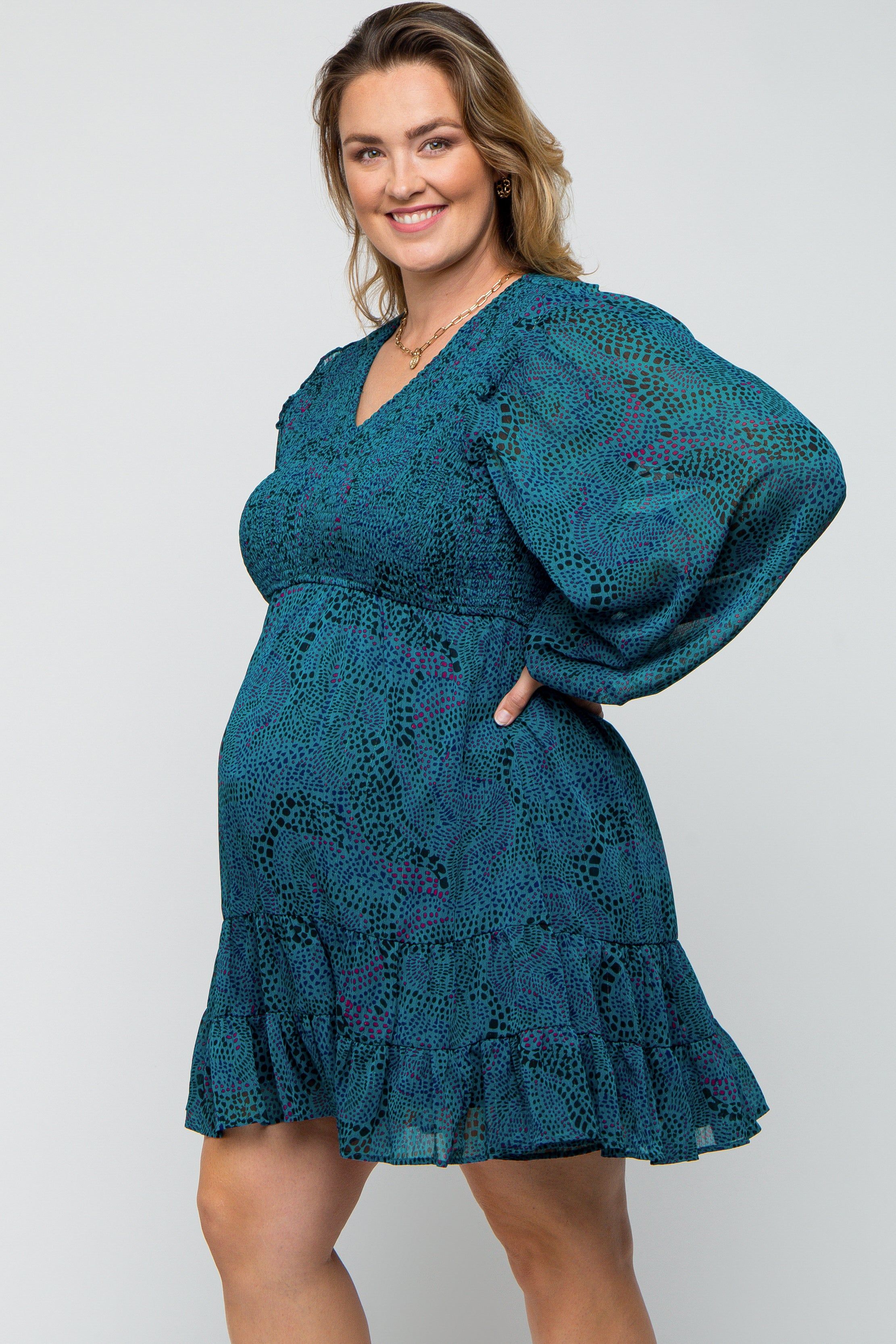 Teal Printed Smocked Long Sleeve Maternity Plus Dress sold by Pinkblush product image thumbnail 2