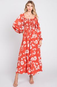 Rust Floral Square Neck Smocked Long Sleeve Maxi Dress sold by Pinkblush
