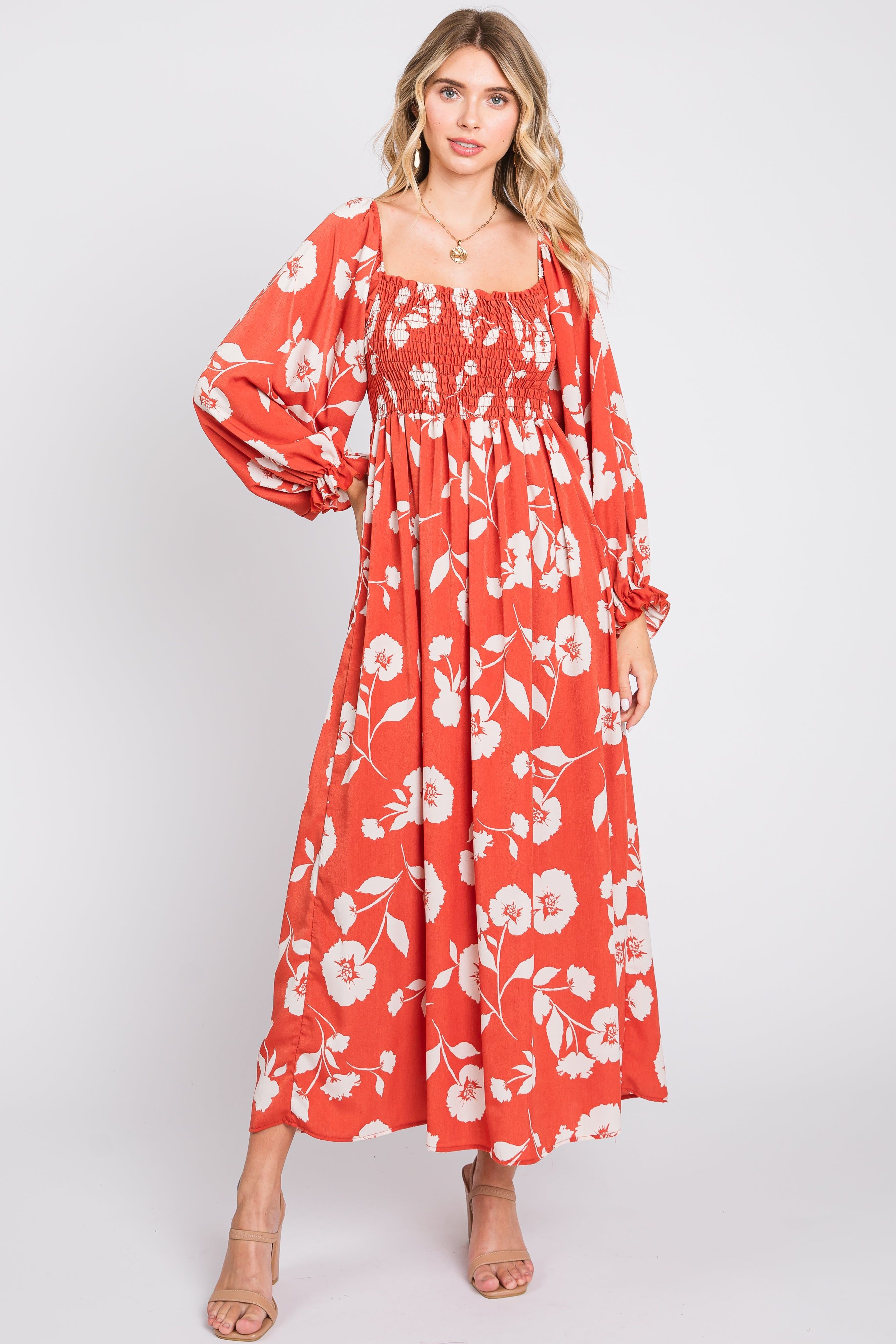Rust Floral Square Neck Smocked Long Sleeve Maxi Dress sold by Pinkblush