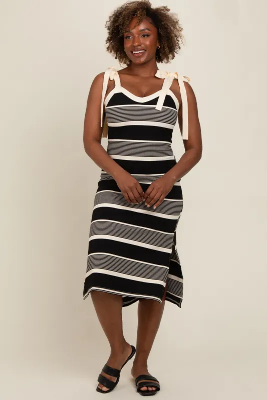 Black Striped Shoulder Tie Side Slit Midi Dress sold by Pinkblush
