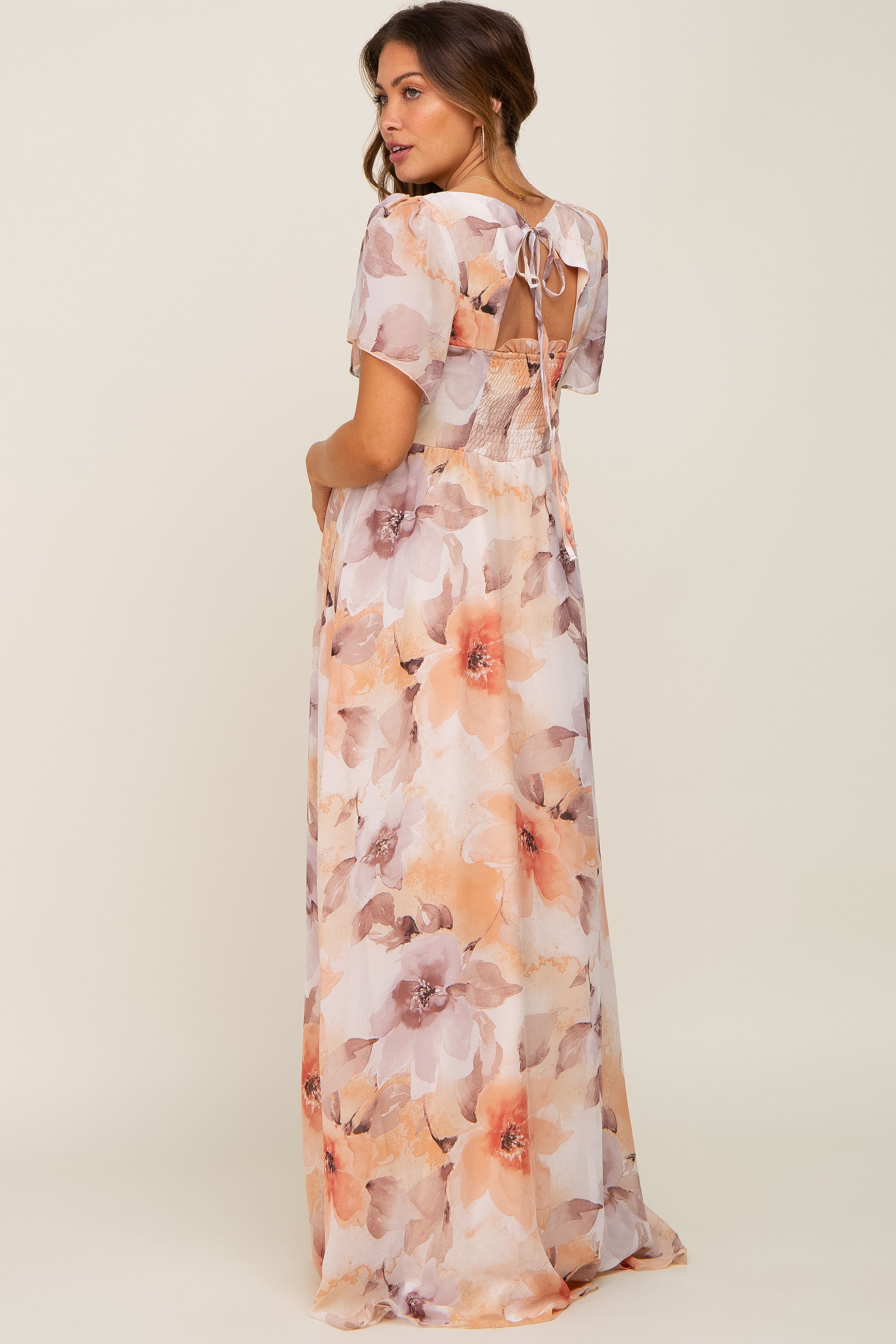 Peach Floral Chiffon Smocked Short Sleeve Maternity Maxi Dress sold by Pinkblush product image thumbnail 4