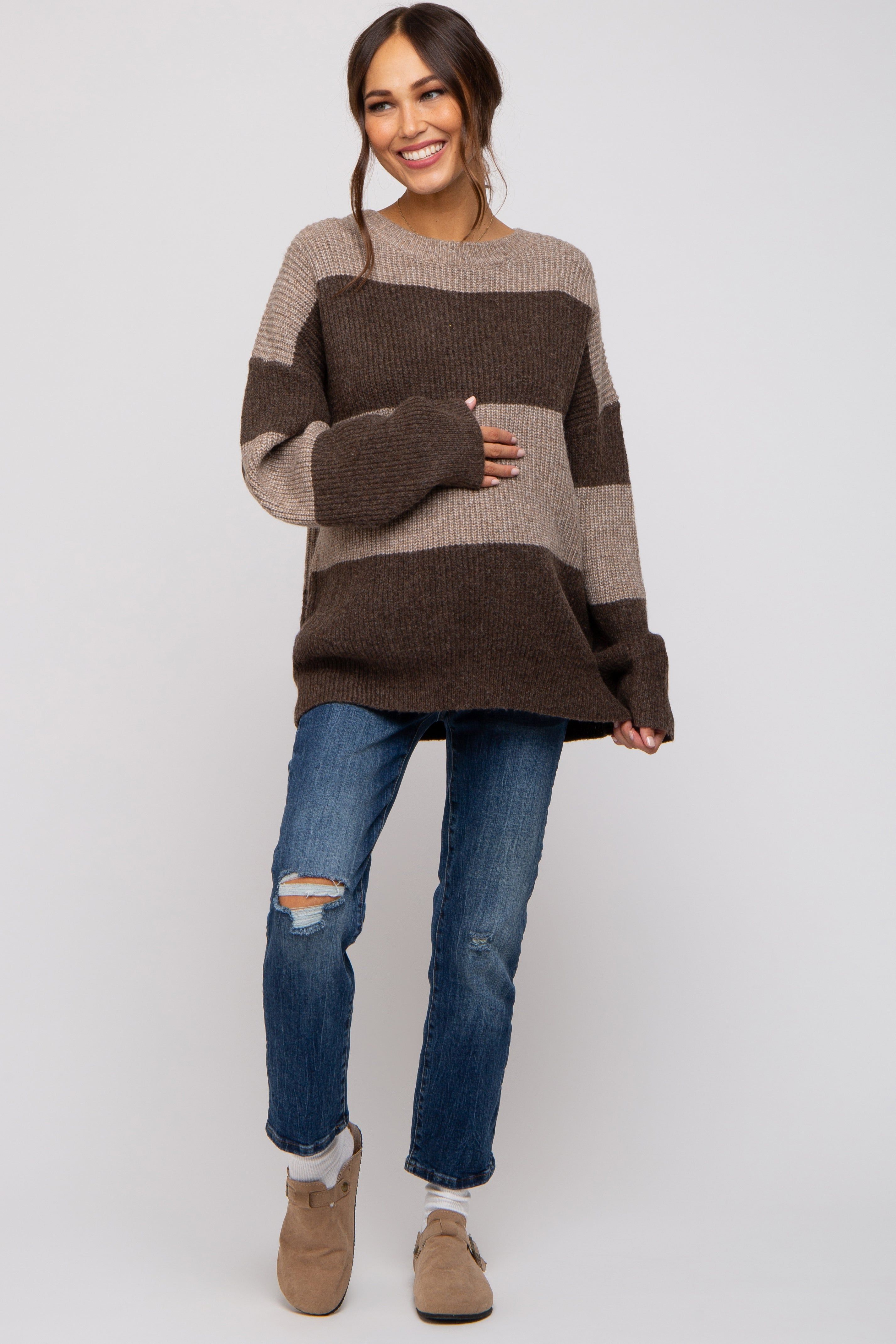 Brown Striped Color Block Maternity Sweater sold by Pinkblush
