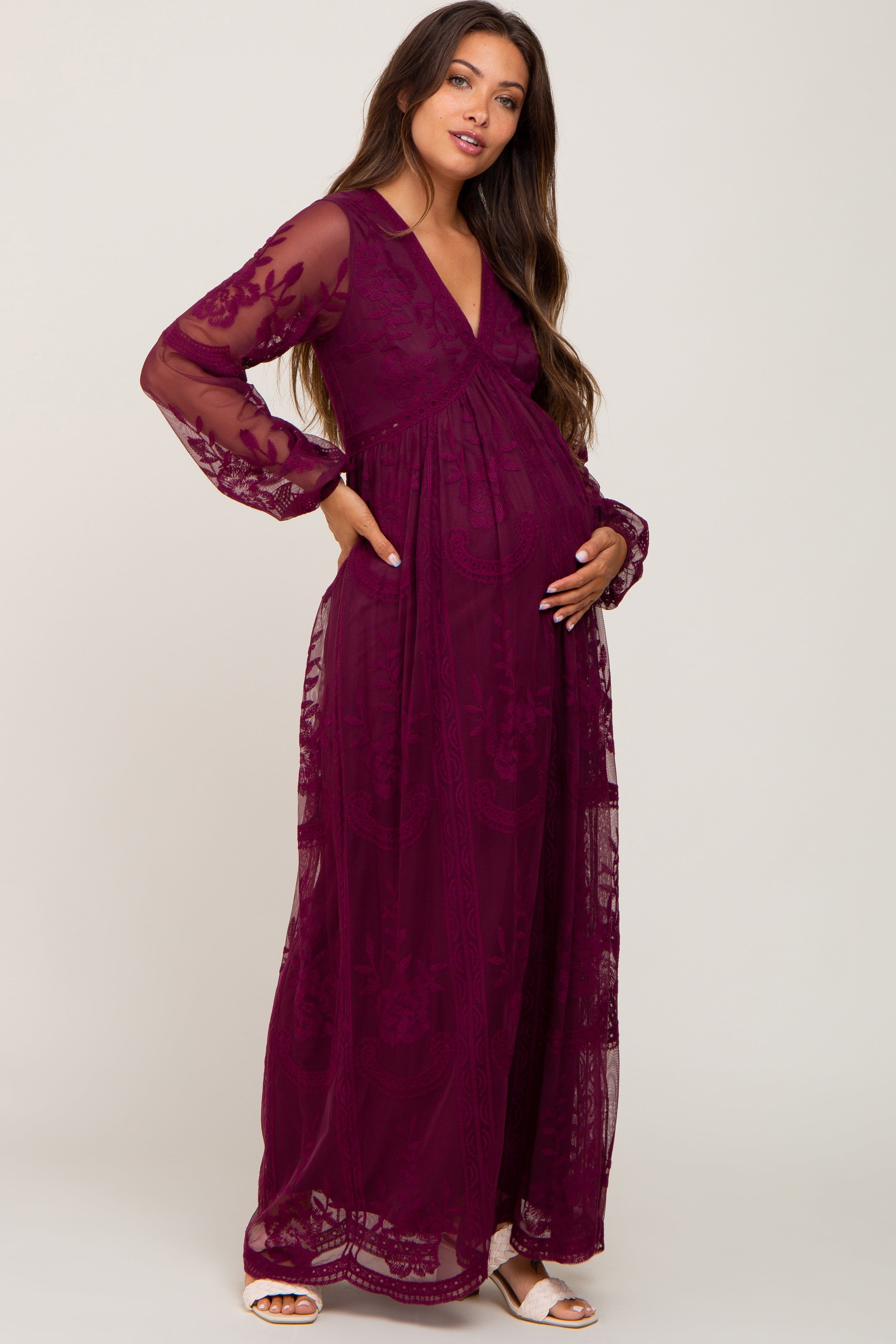 PinkBlush Burgundy Lace Mesh Long Sleeve Maternity Maxi Dress sold by Pinkblush product image thumbnail 2