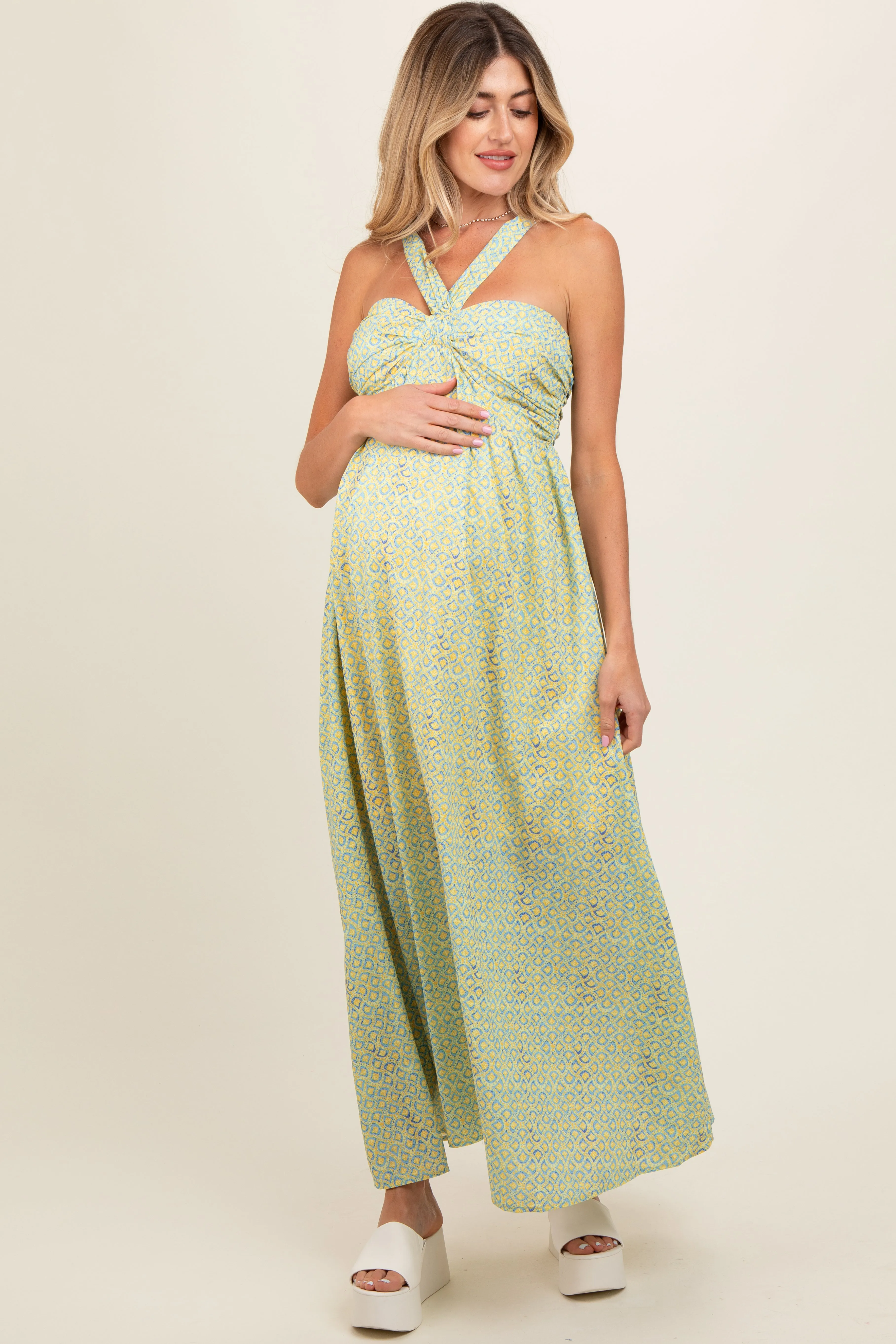 Yellow Print Halter Maternity Maxi Dress sold by Pinkblush