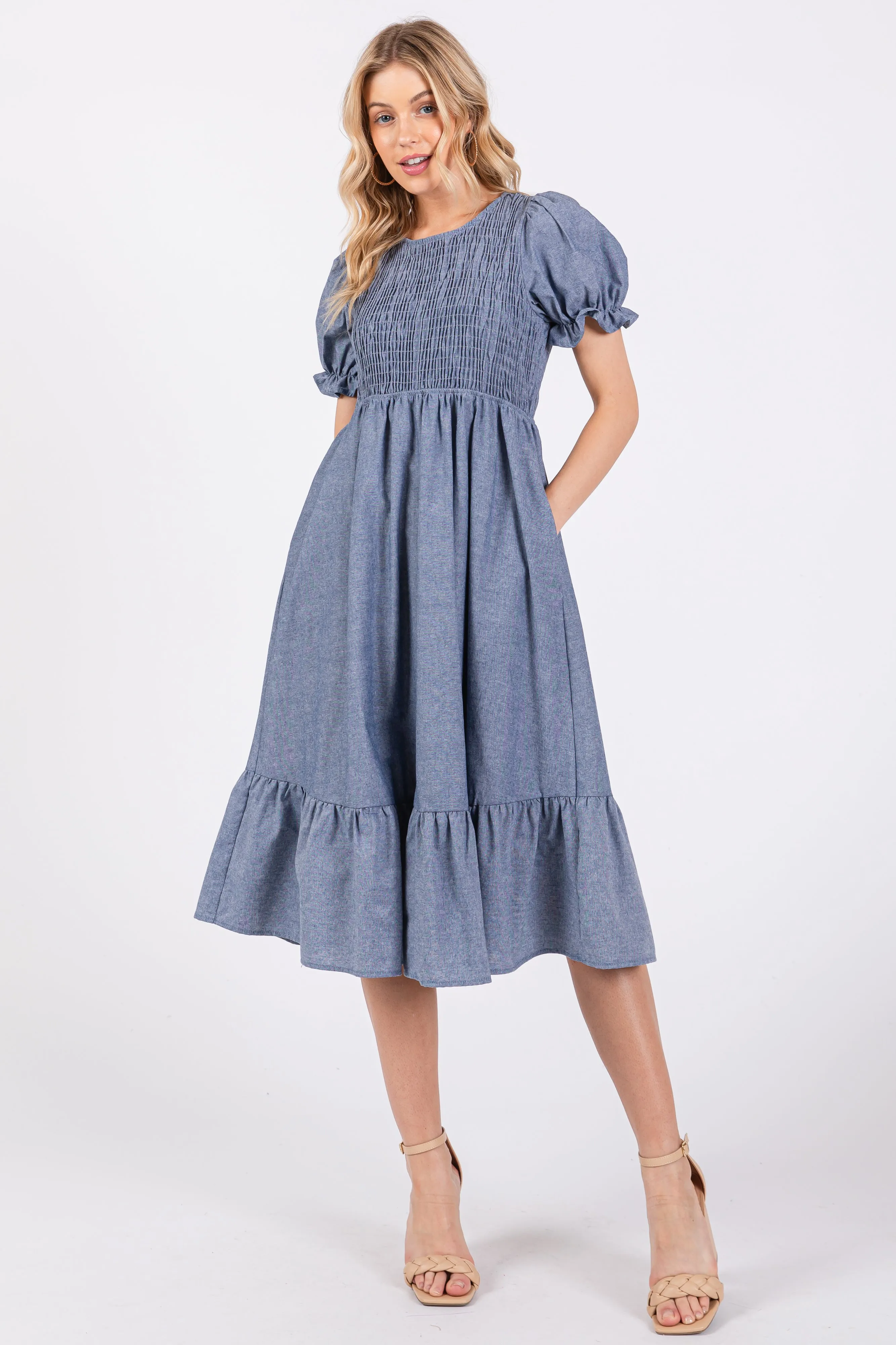 Blue Chambray Smocked Puff Sleeve Maternity Dress sold by Pinkblush product image thumbnail 4