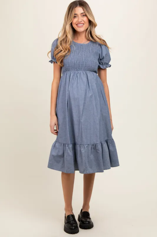 Blue Chambray Smocked Puff Sleeve Maternity Dress sold by Pinkblush