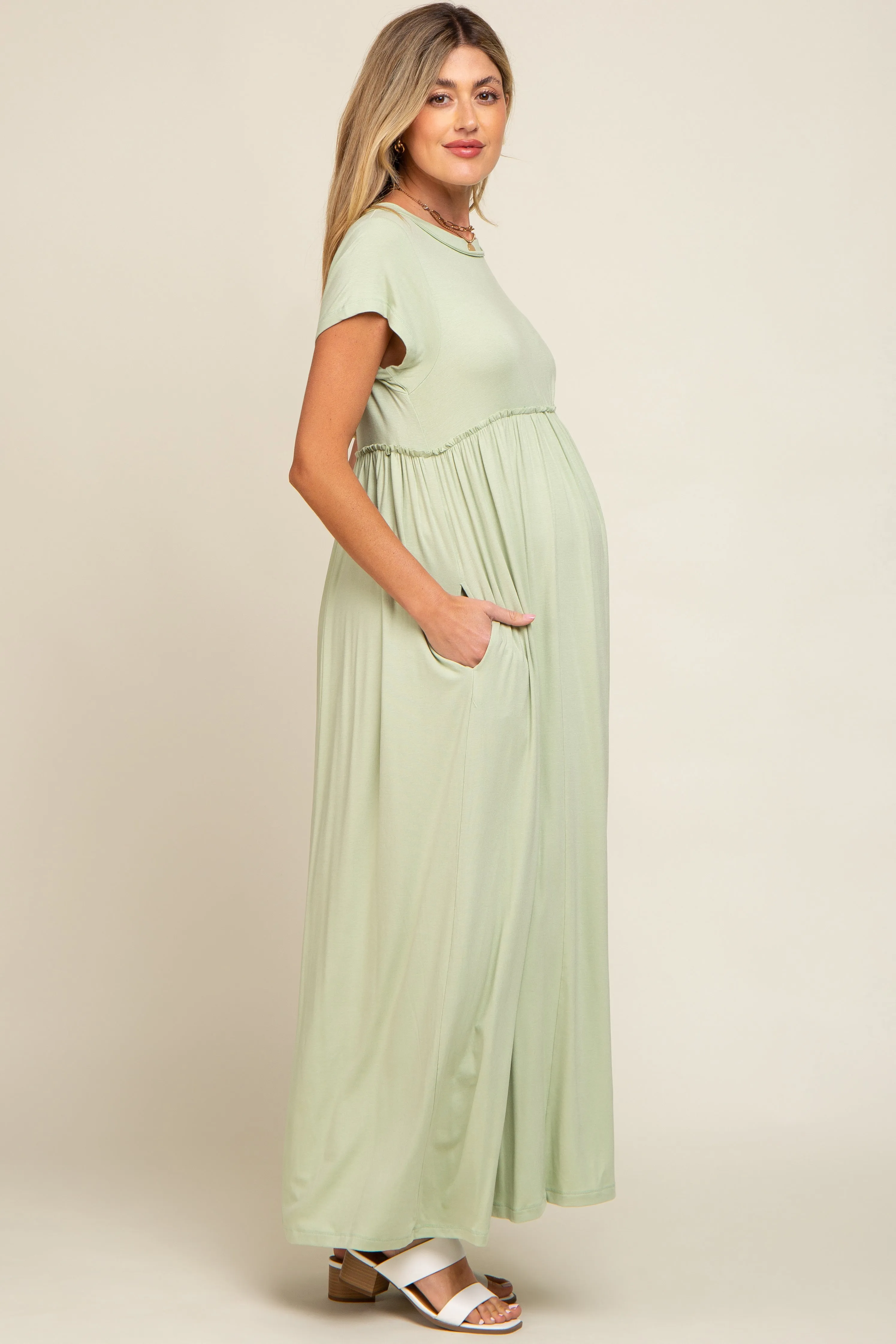 Light Olive Short Sleeve Pocketed Maternity Maxi Dress sold by Pinkblush product image thumbnail 2