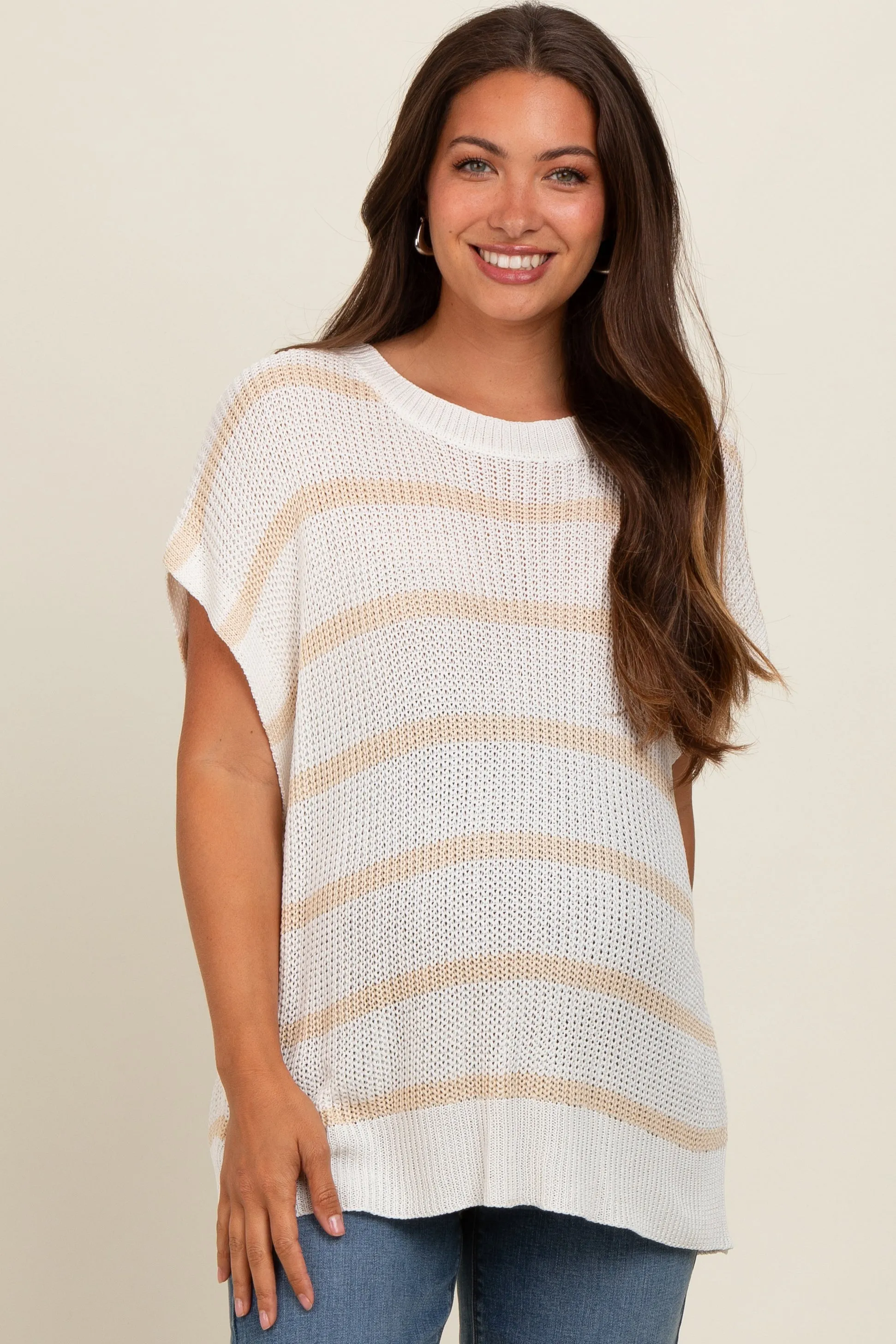 Taupe Striped Drop Shoulder Maternity Sweater Top sold by Pinkblush