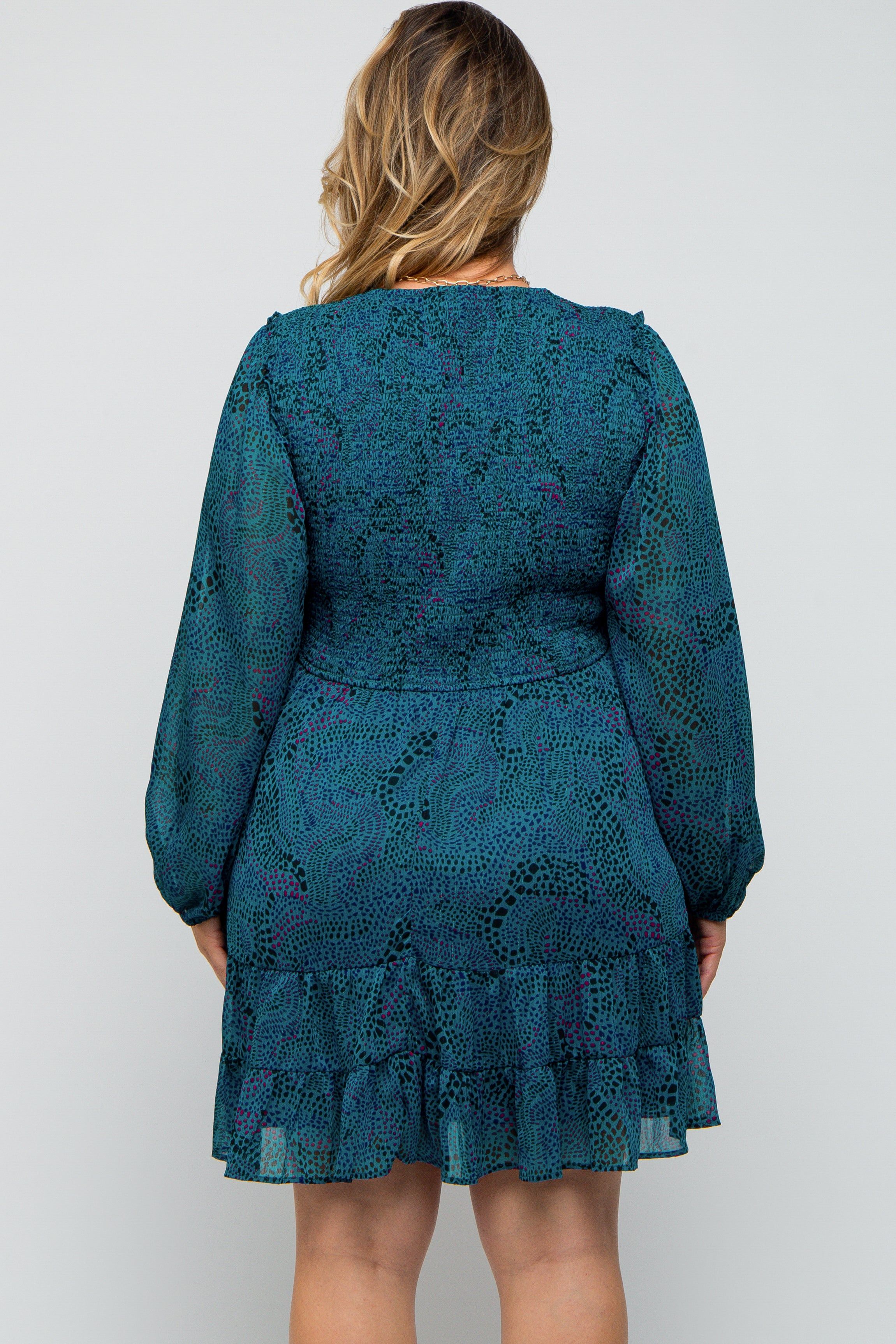 Teal Printed Smocked Long Sleeve Maternity Plus Dress sold by Pinkblush product image thumbnail 3