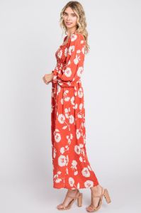 Rust Floral Square Neck Smocked Long Sleeve Maxi Dress sold by Pinkblush