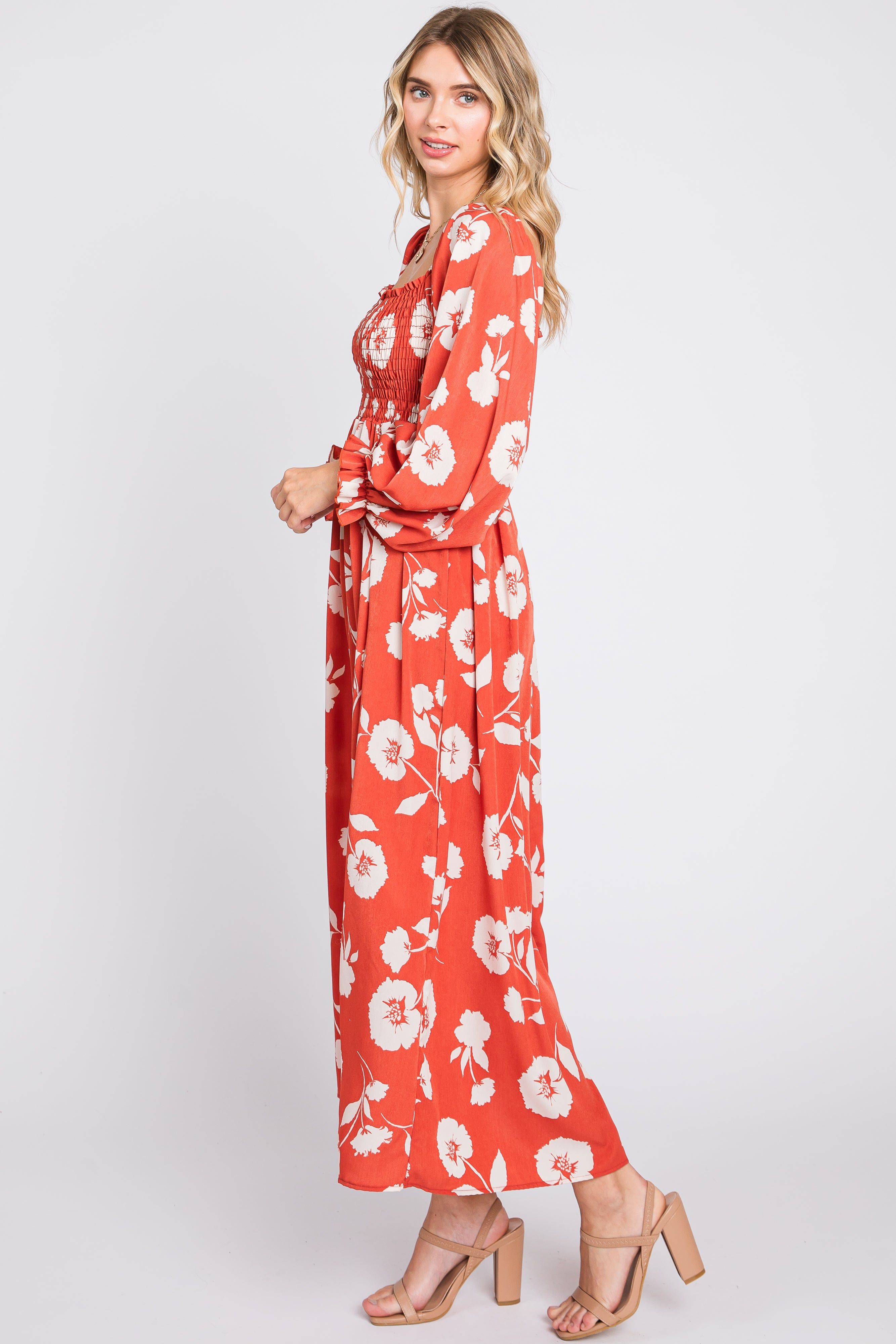 Rust Floral Square Neck Smocked Long Sleeve Maxi Dress sold by Pinkblush product image thumbnail 2